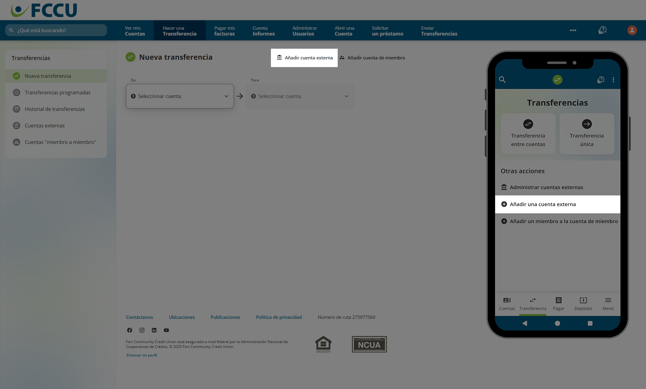 Captura de pantalla de la página 'Nueva transferencia' de la banca digital.