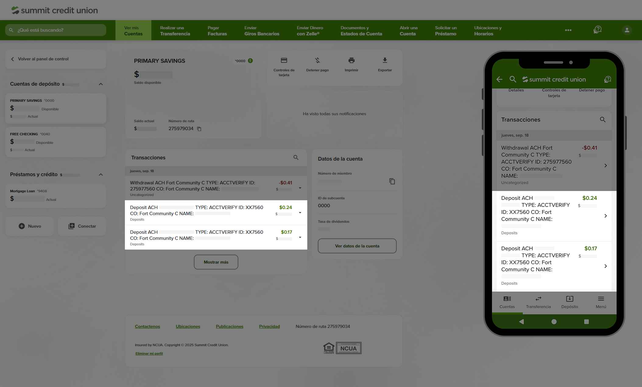 Captura de pantalla de las transacciones de la cuenta de ahorro dentro de la banca digital.