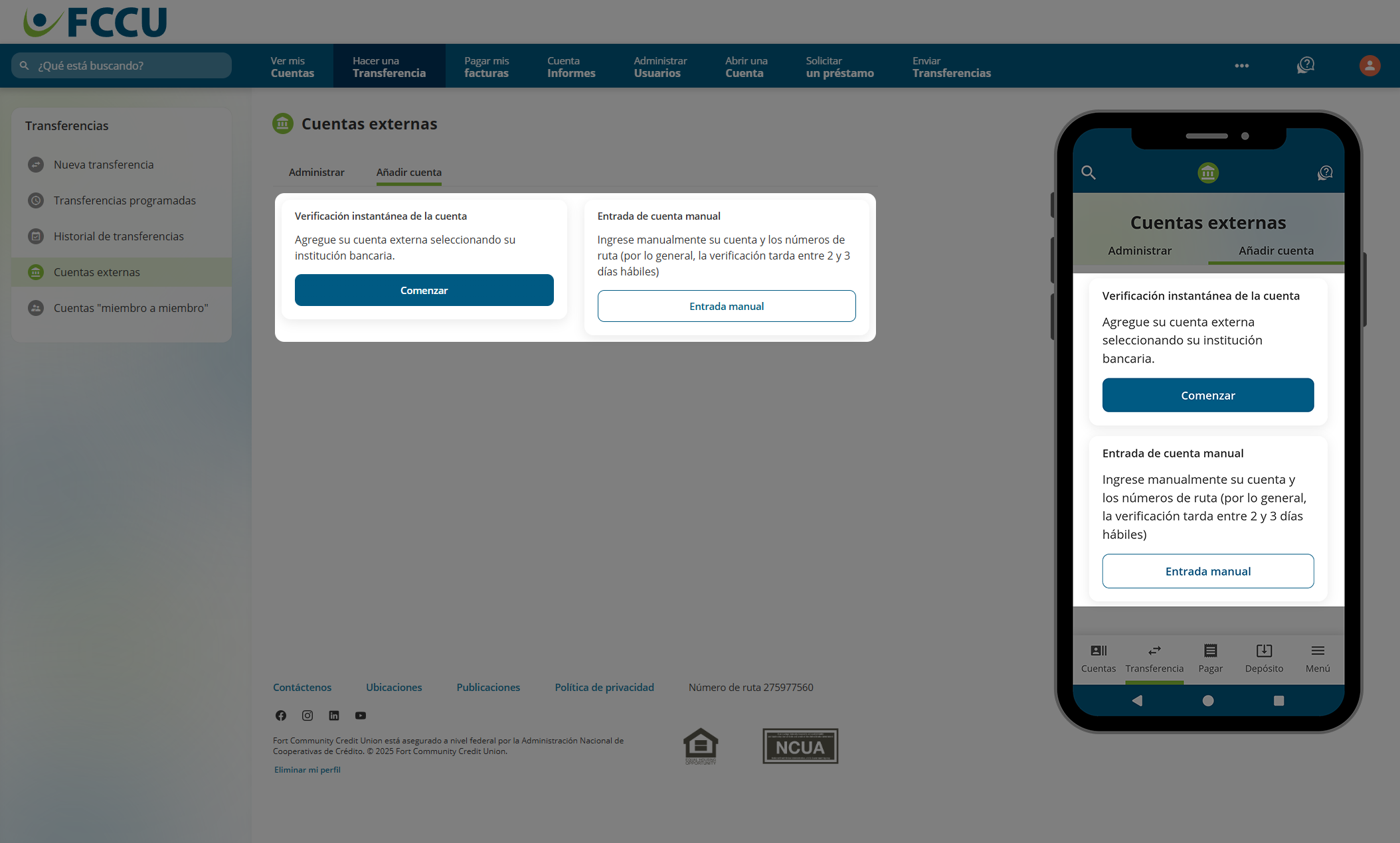 Captura de pantalla de la página 'Cuentas externas' de la banca digital.