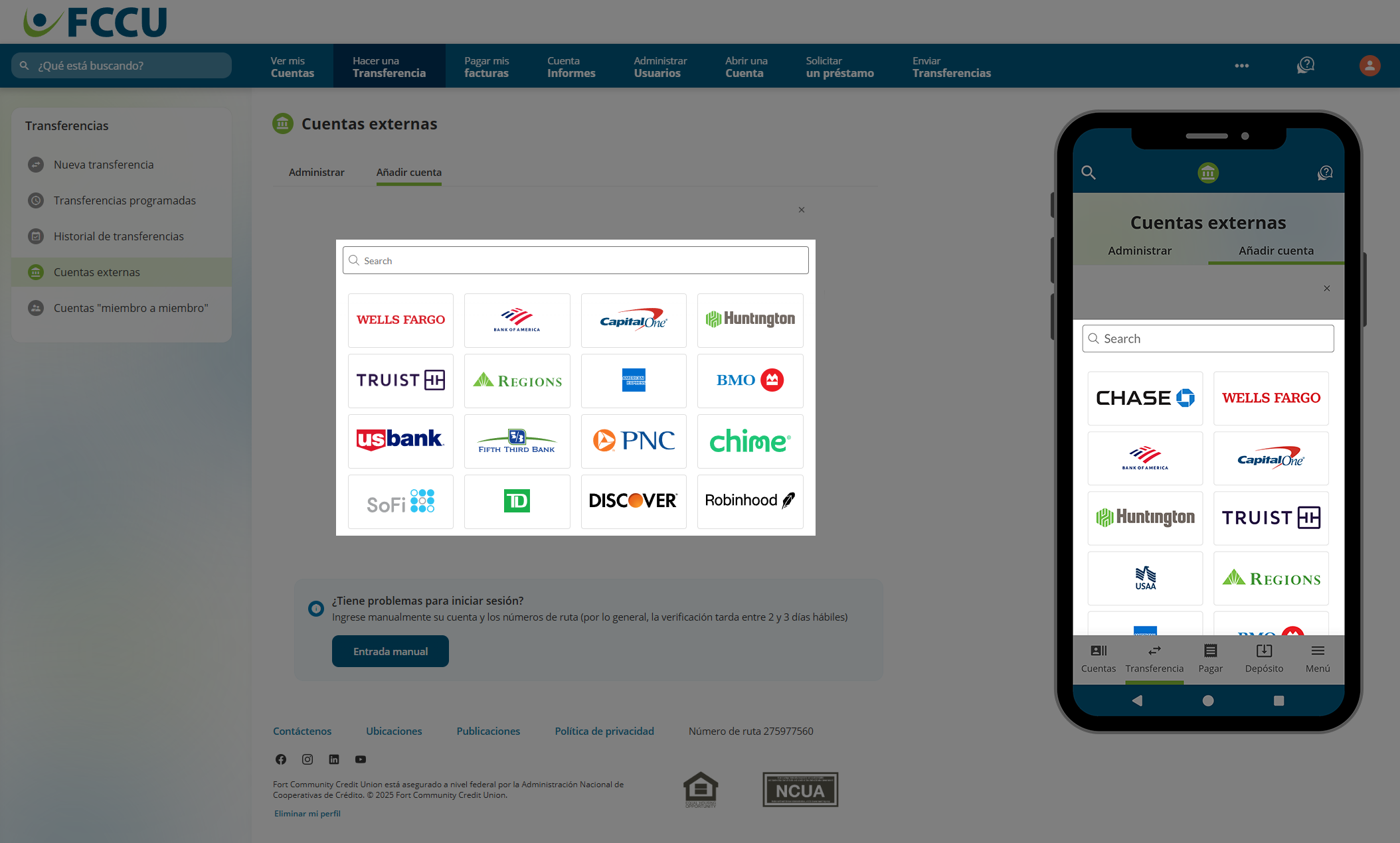 Captura de pantalla de la página 'Cuentas externas' de la banca digital.