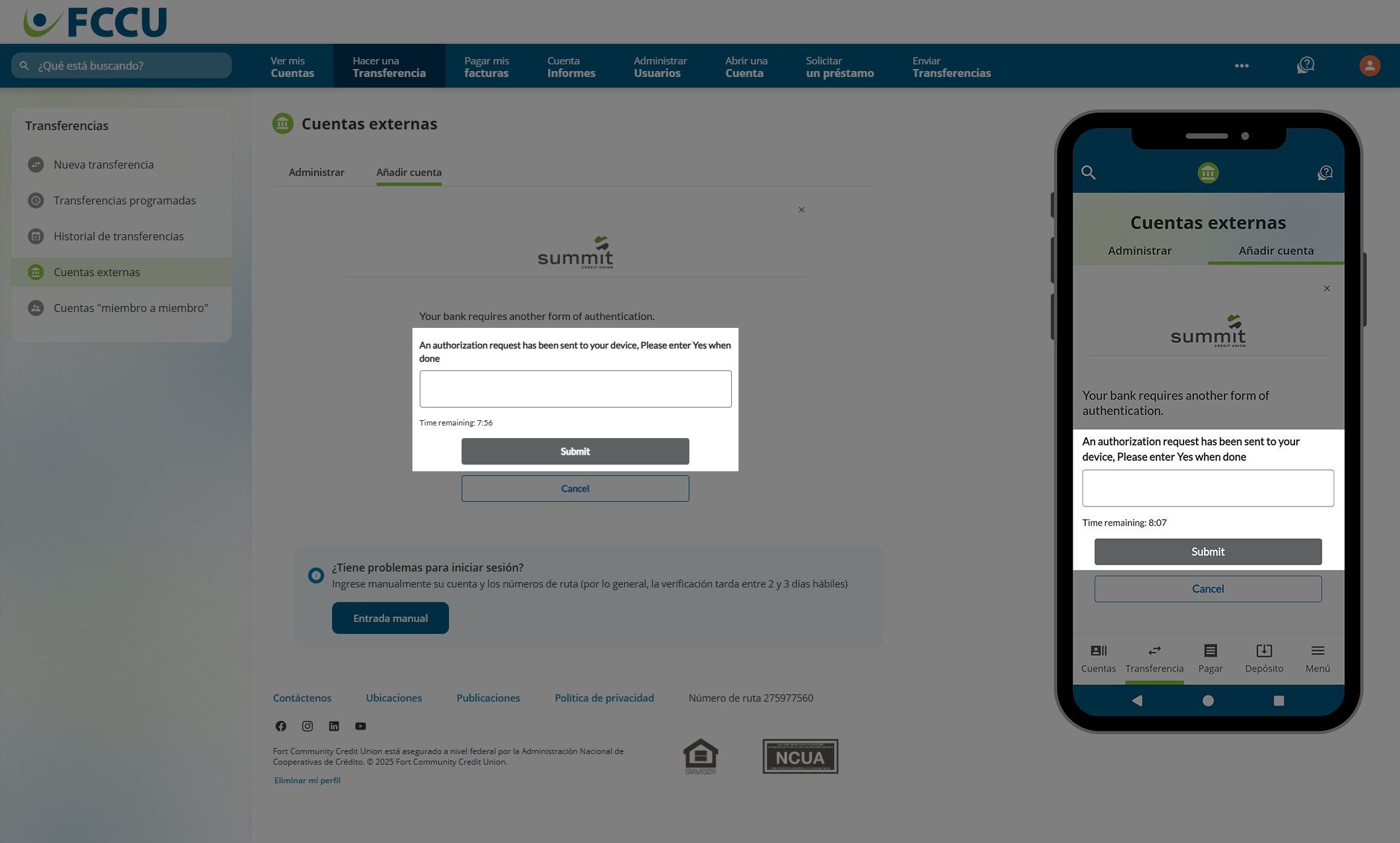 Captura de pantalla de la página 'Cuentas externas' de la banca digital.