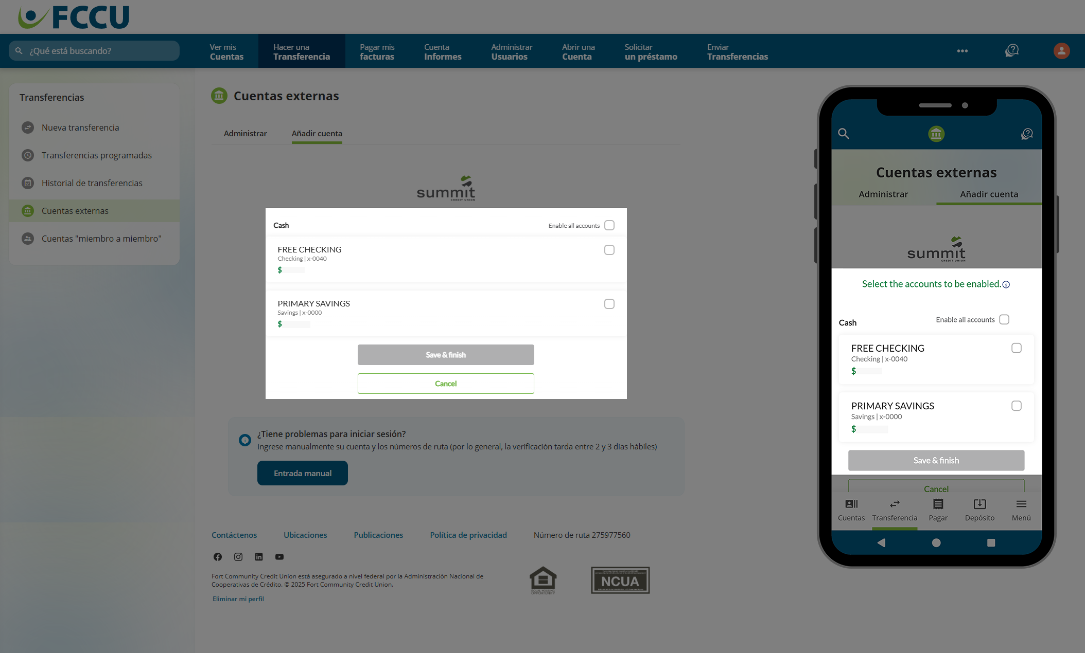 Captura de pantalla de la página 'Cuentas externas' de la banca digital.