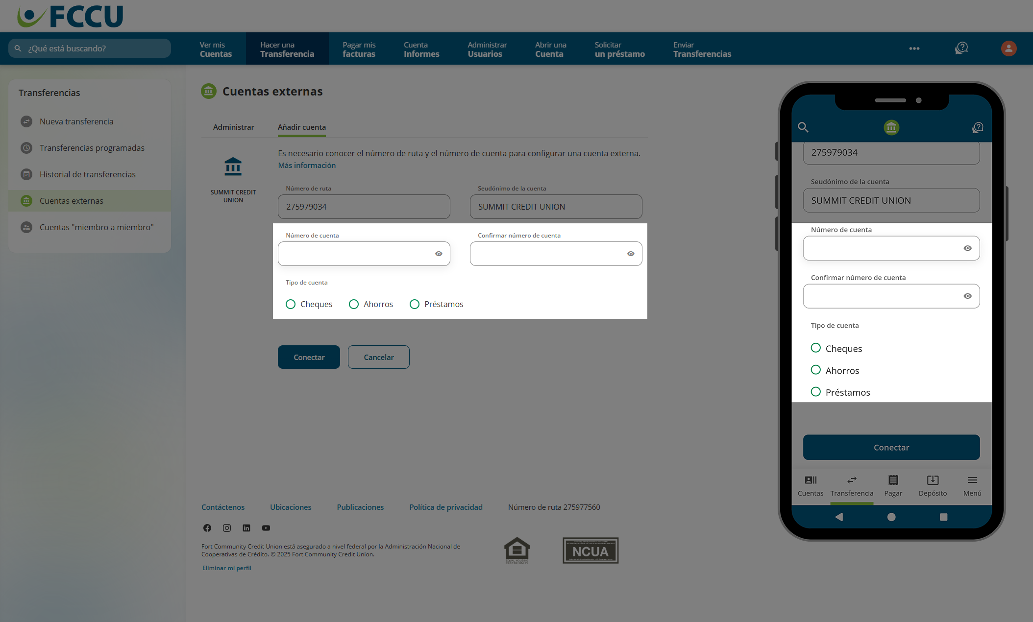 Captura de pantalla de la página 'Cuentas externas' de la banca digital.