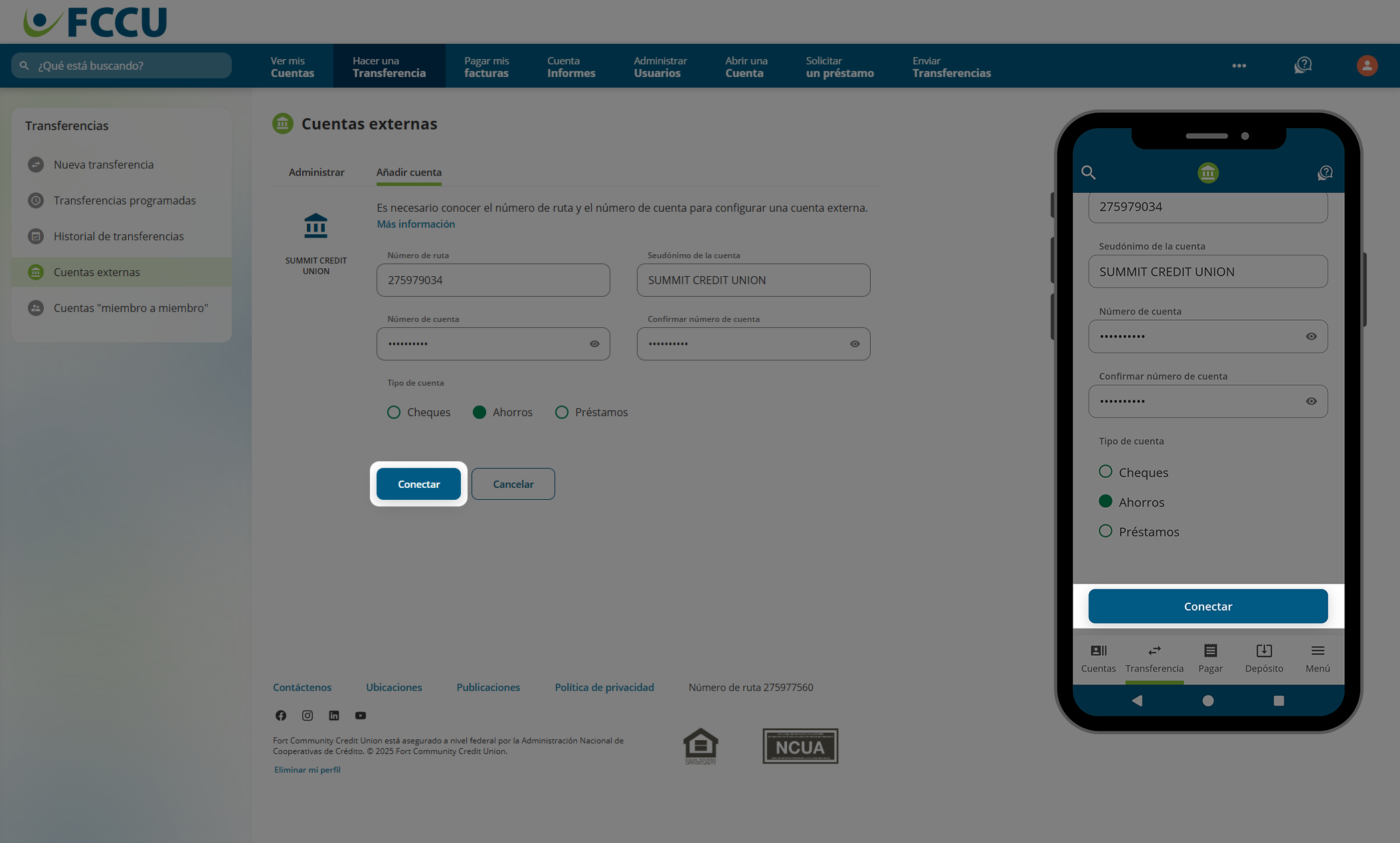 Captura de pantalla de la página 'Cuentas externas' de la banca digital.