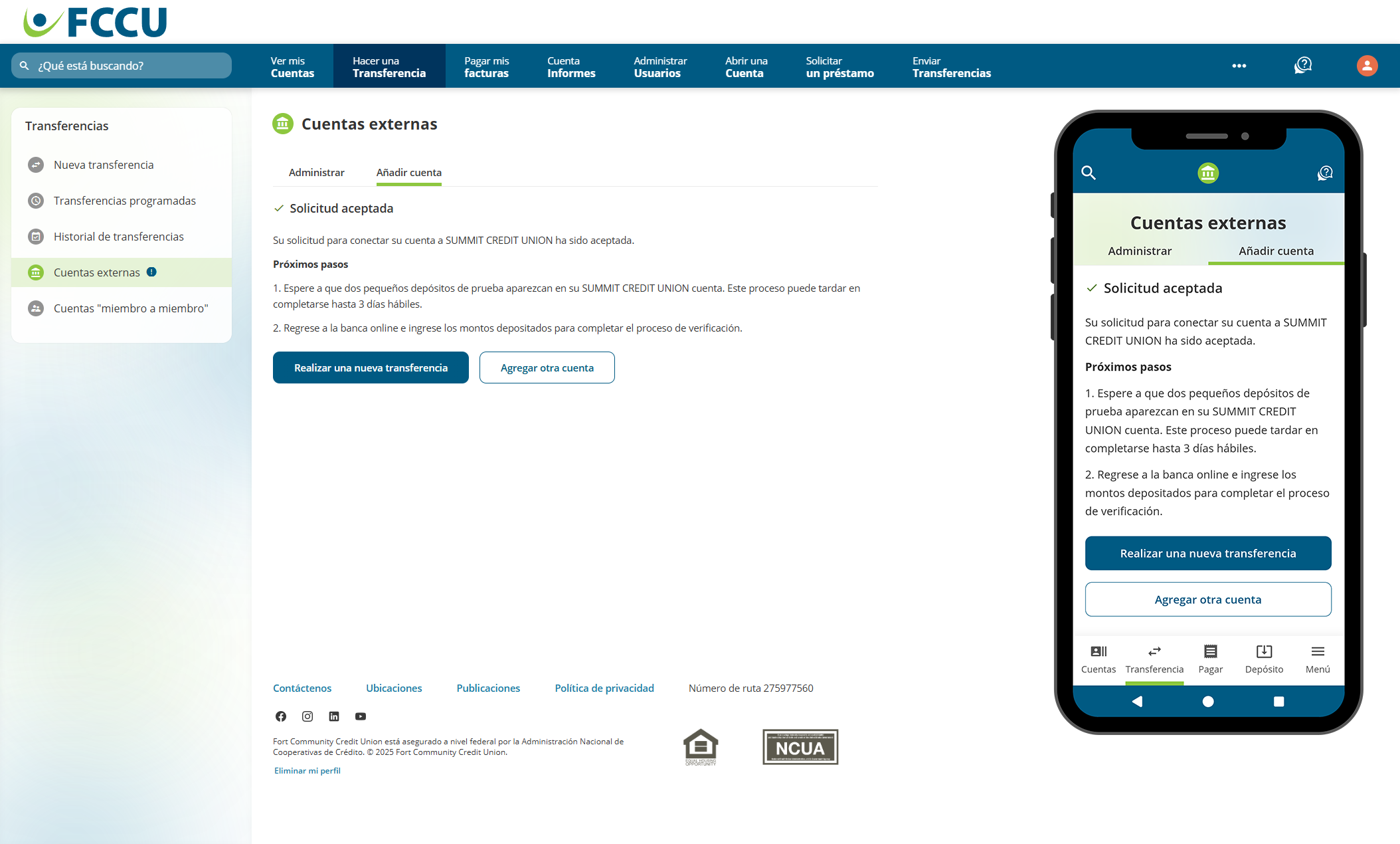 Captura de pantalla de la página 'Cuentas externas' de la banca digital.