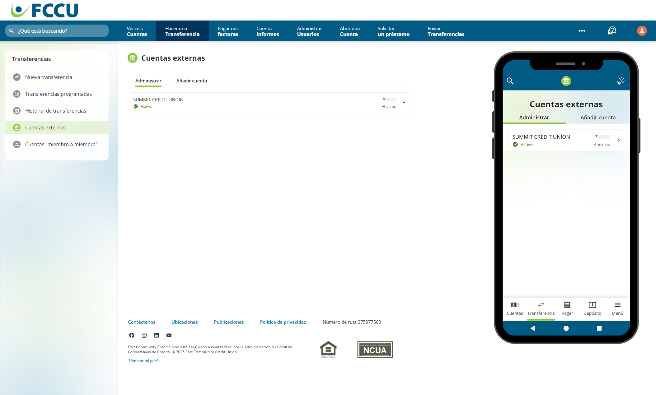 Captura de pantalla de la página 'Cuentas externas' de la banca digital.