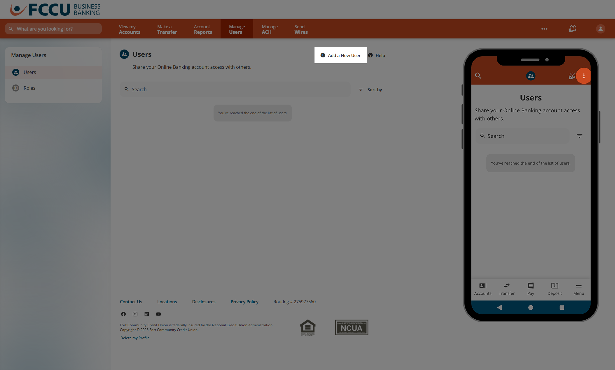 Screenshot of digital banking 'Users' page.