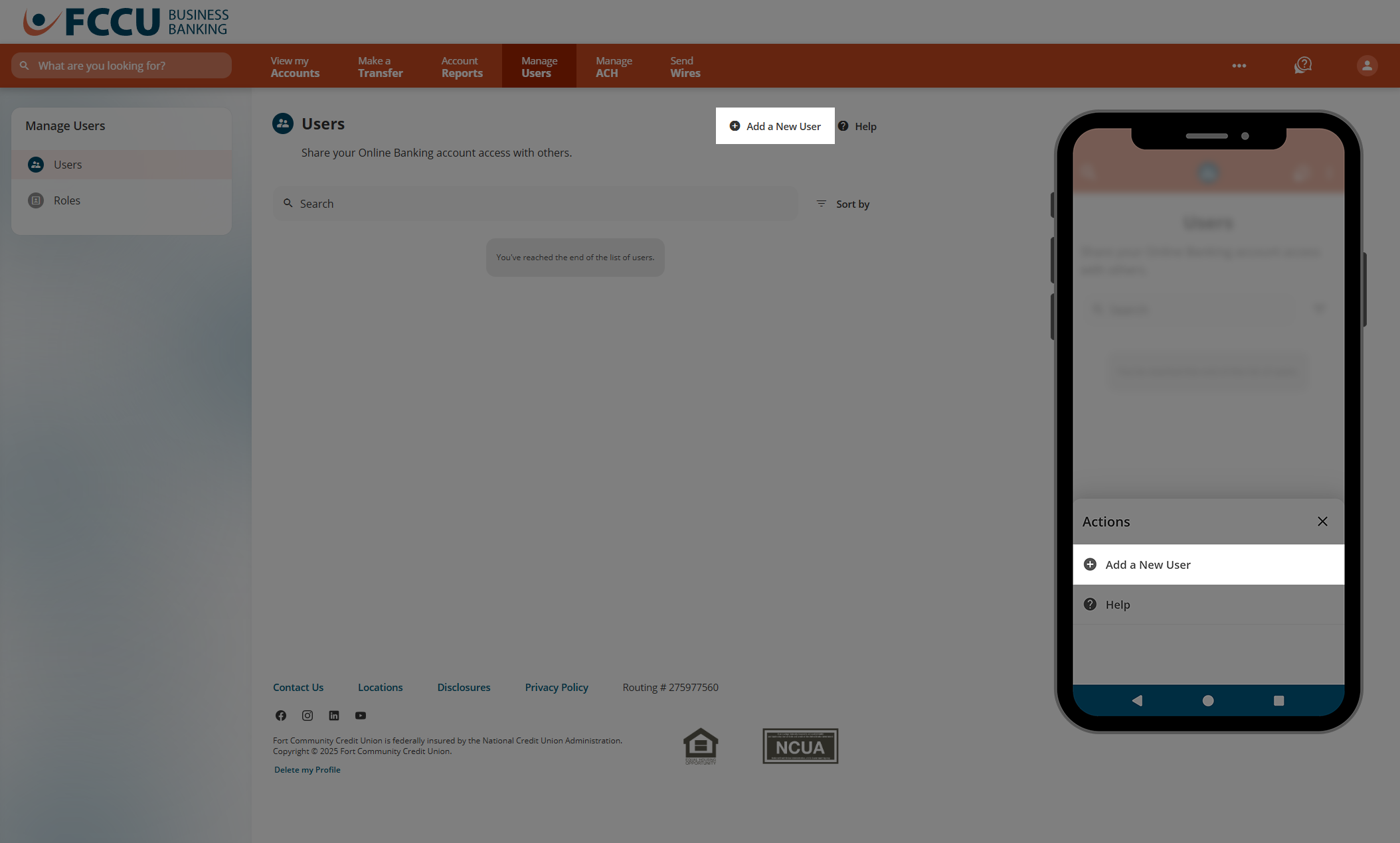 Screenshot of digital banking 'Users' page.