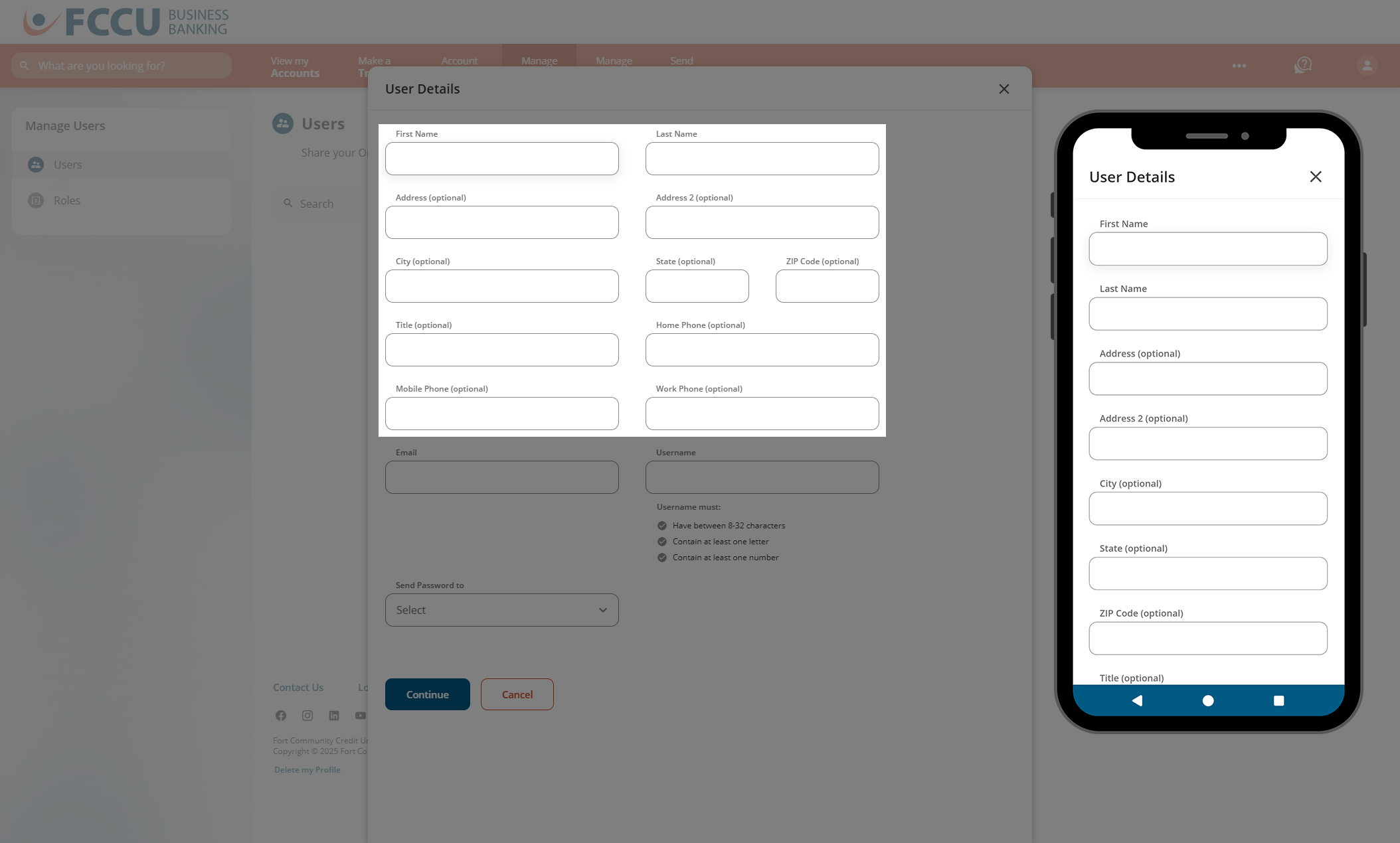 Screenshot of digital banking 'User Details' page.