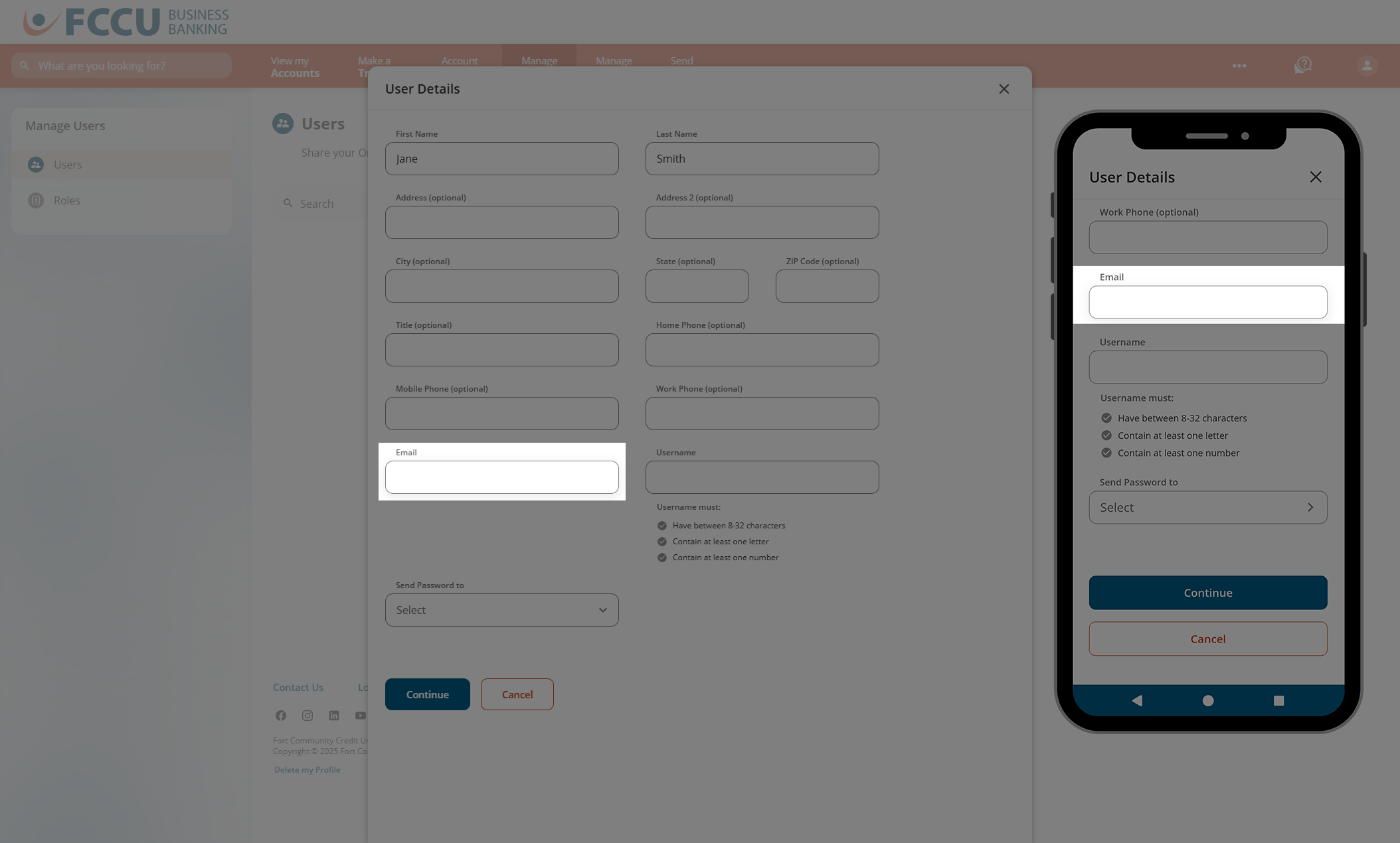 Screenshot of digital banking 'User Details' page.