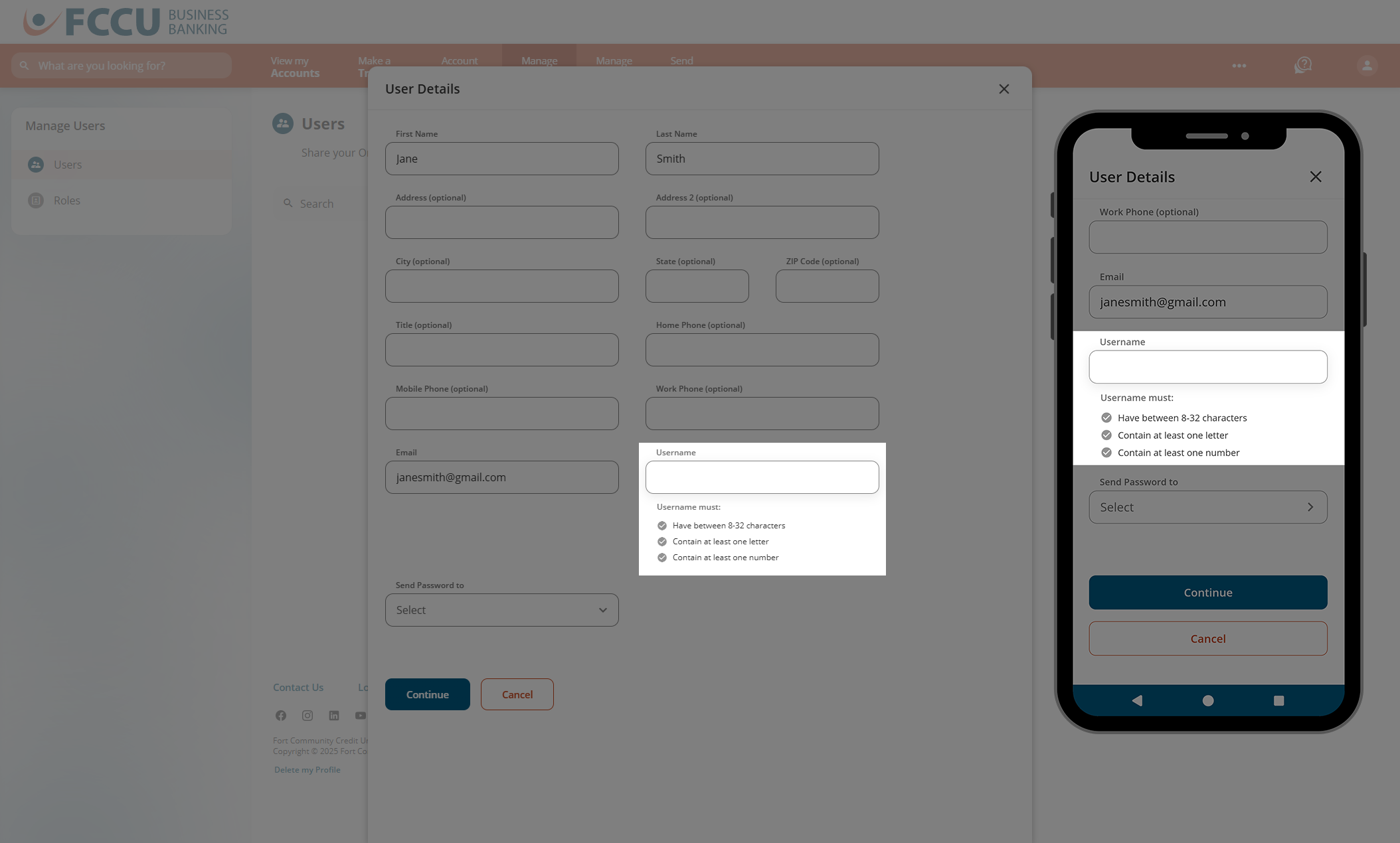 Screenshot of digital banking 'User Details' page.