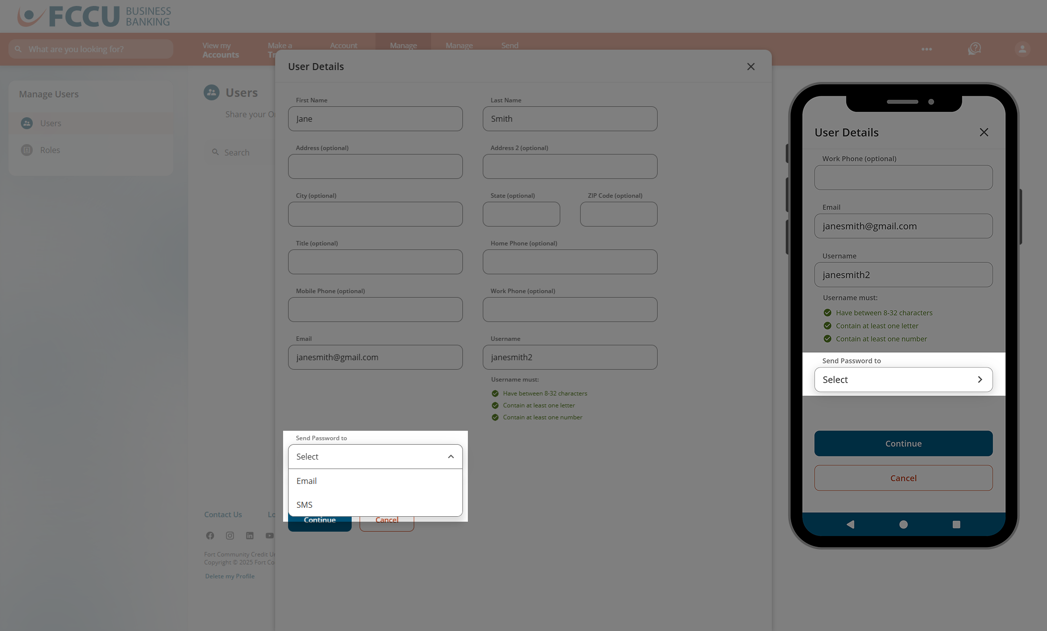 Screenshot of digital banking 'User Details' page.