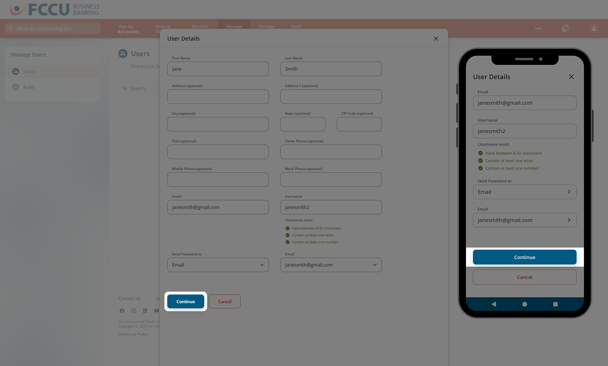 Screenshot of digital banking 'User Details' page.