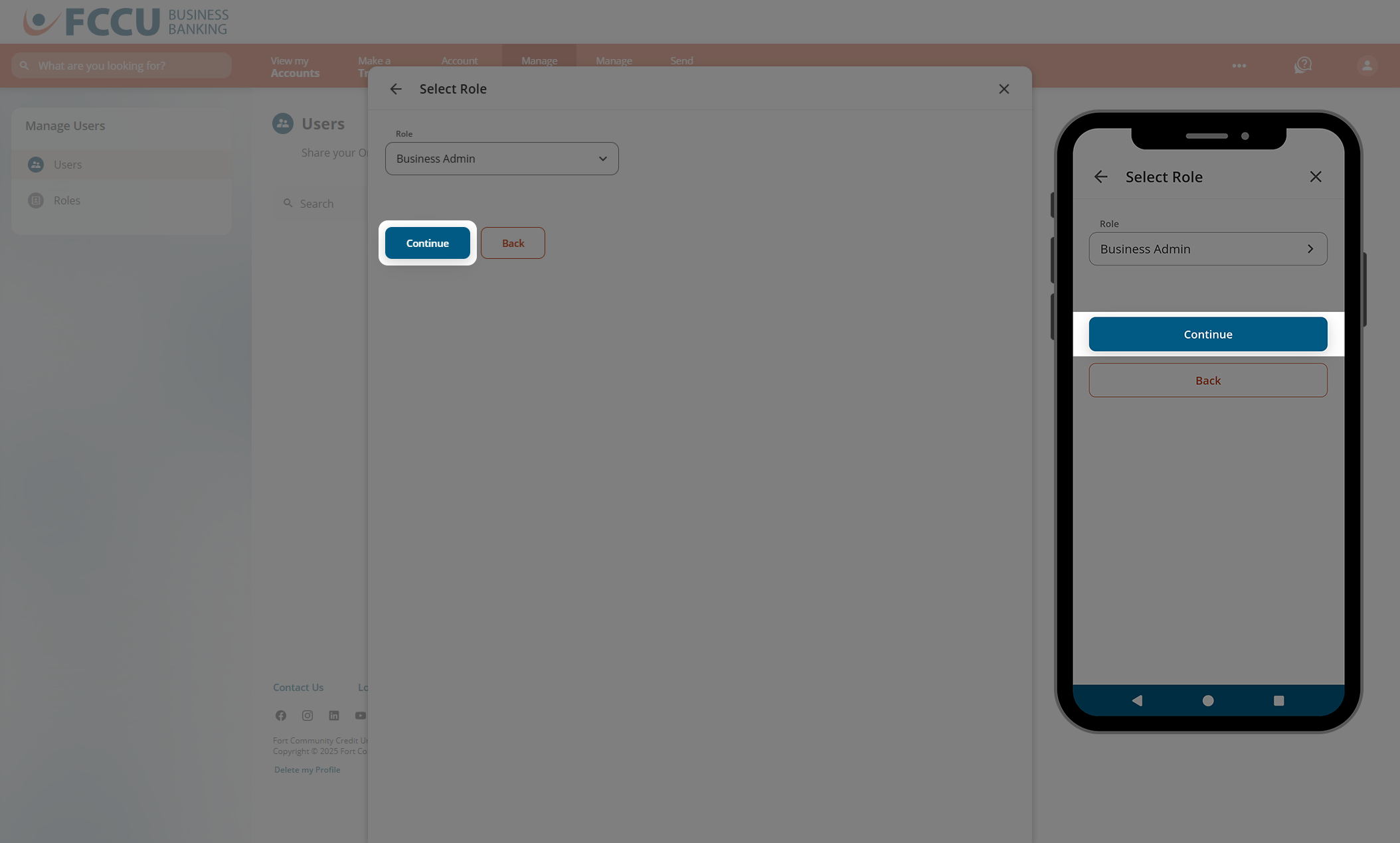 Screenshot of digital banking 'Select Role' page.
