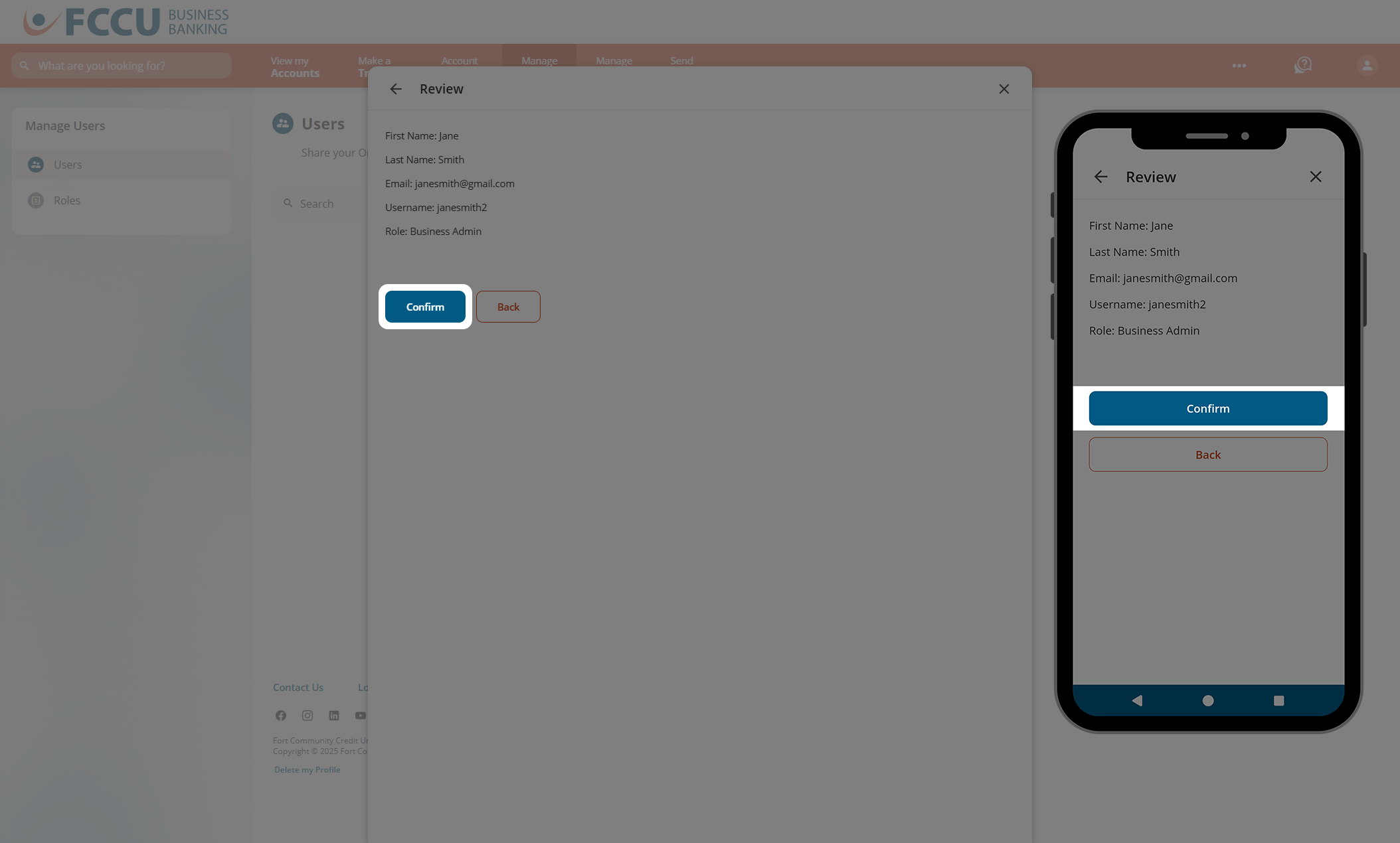 Screenshot of digital banking 'Review' page.