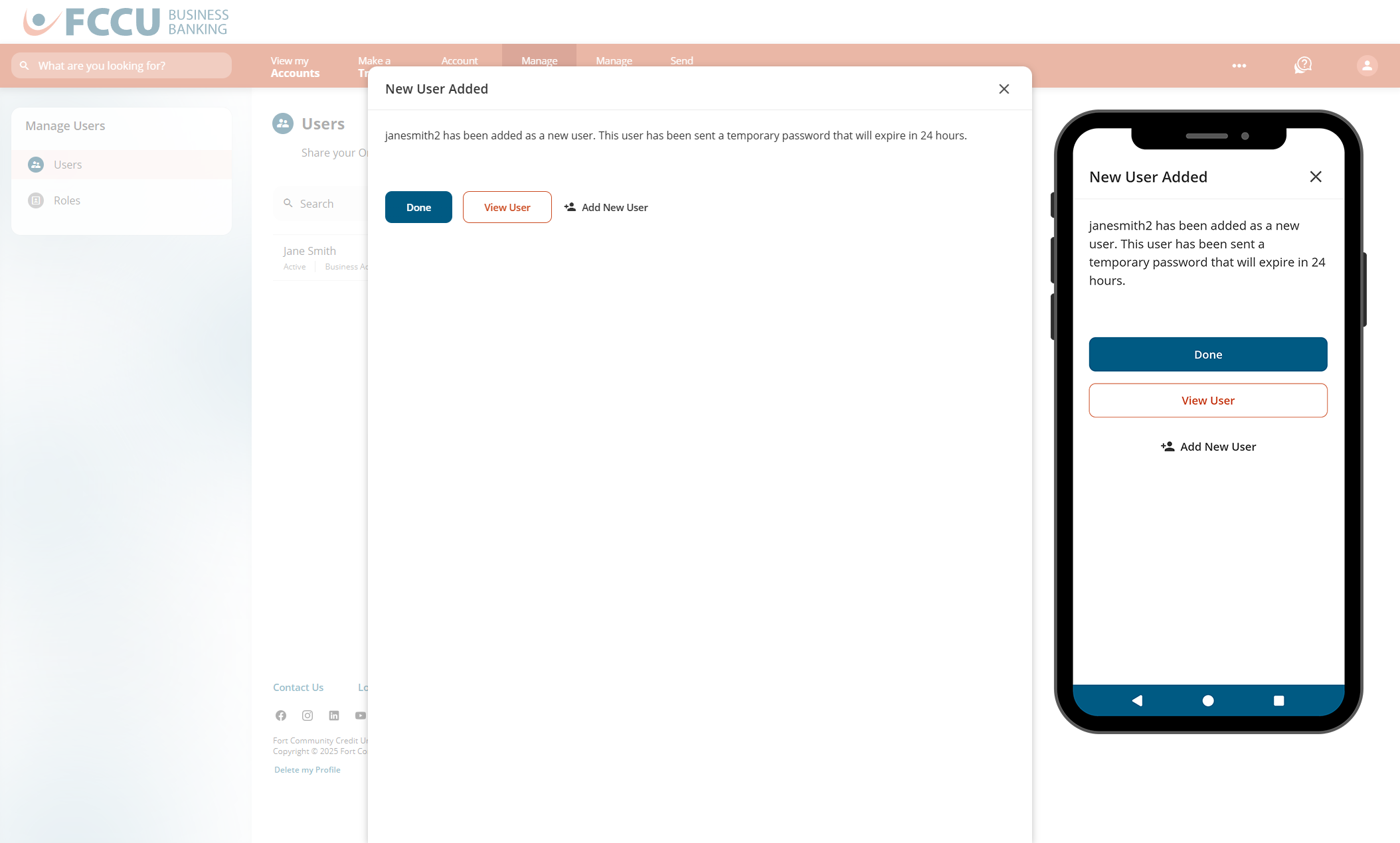 Screenshot of digital banking 'New User Added' page.