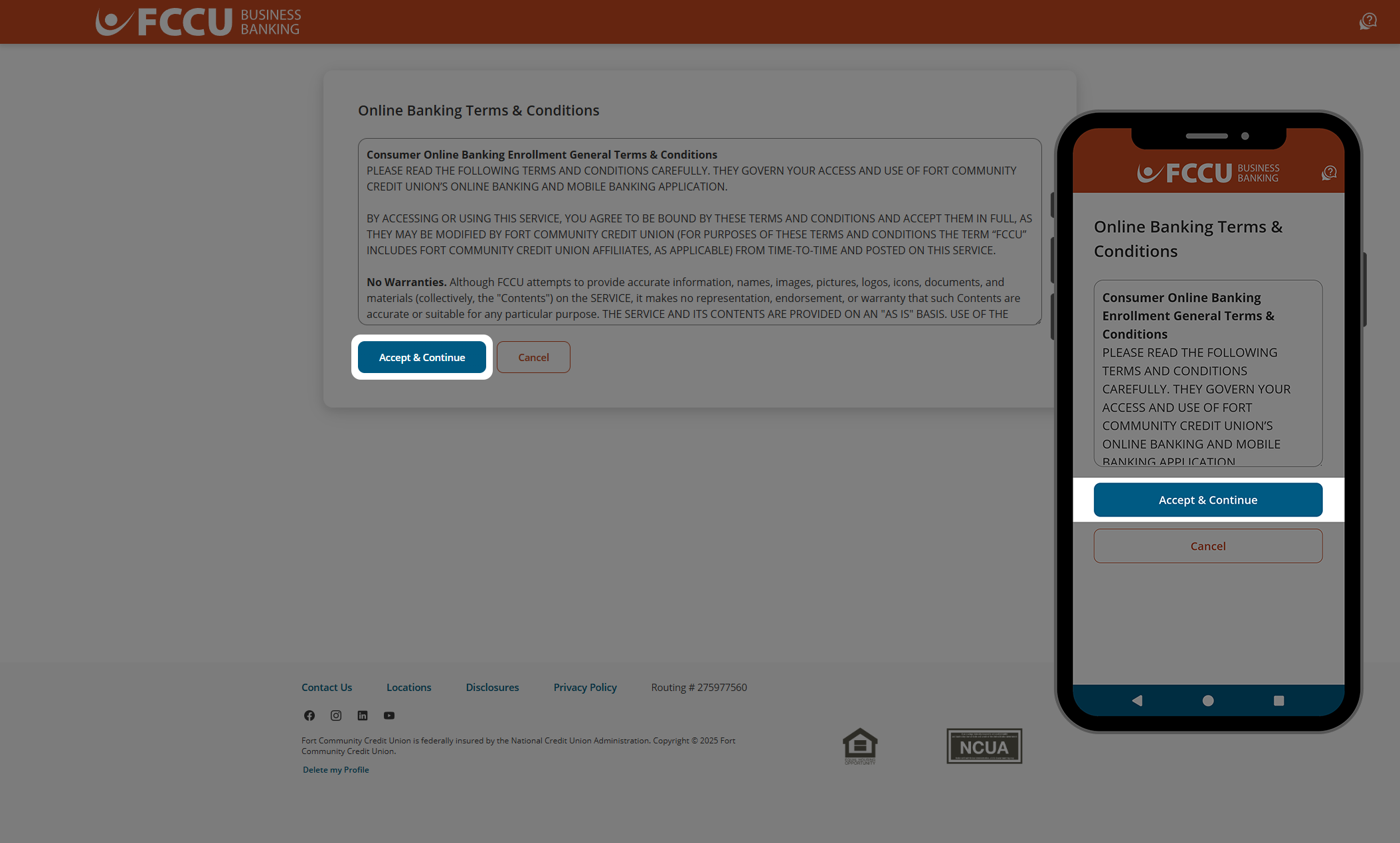 Screenshot of digital banking 'Online Banking Terms & Conditions' page.