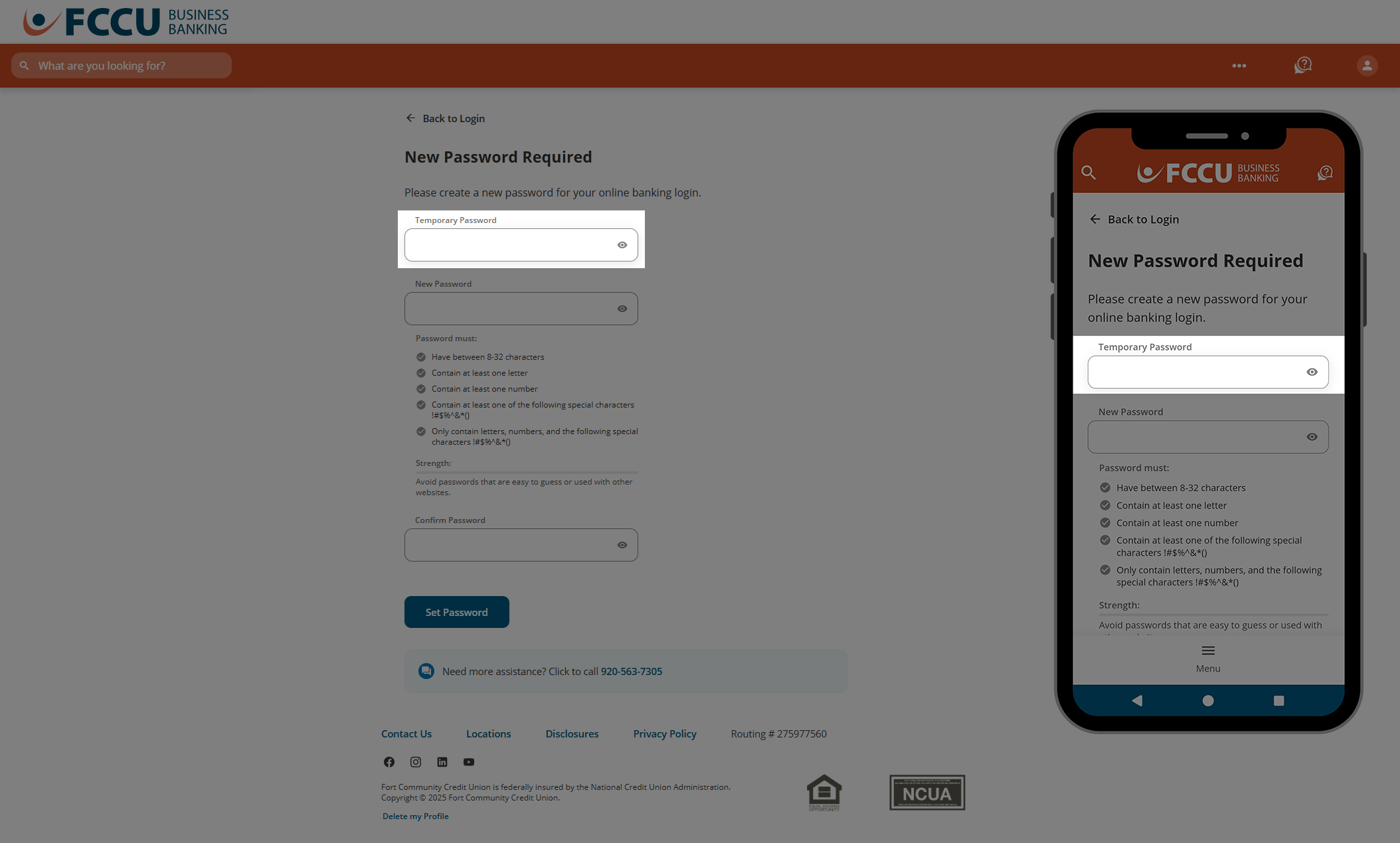 Screenshot of digital banking 'New Password Required' page.