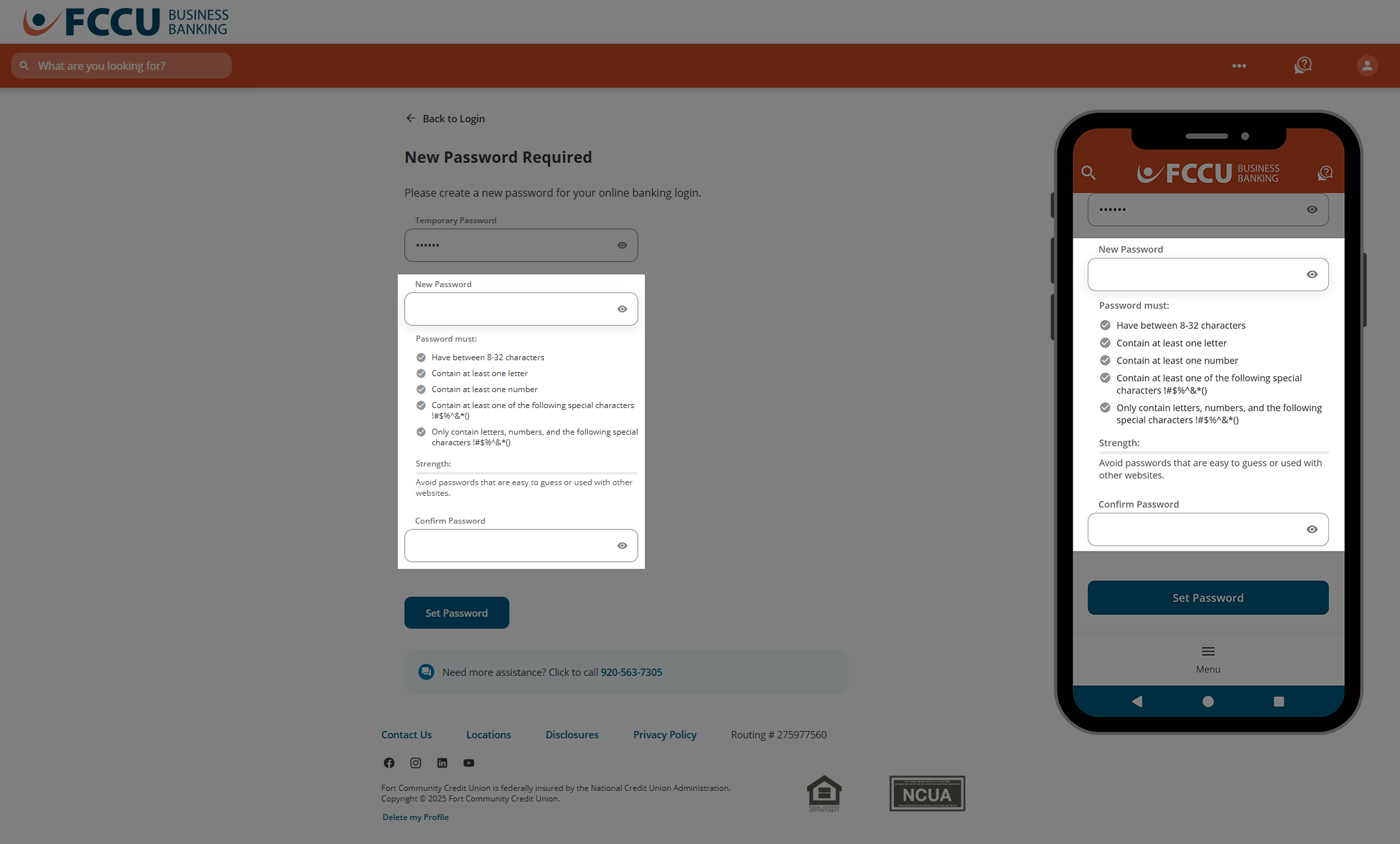 Screenshot of digital banking 'New Password Required' page.