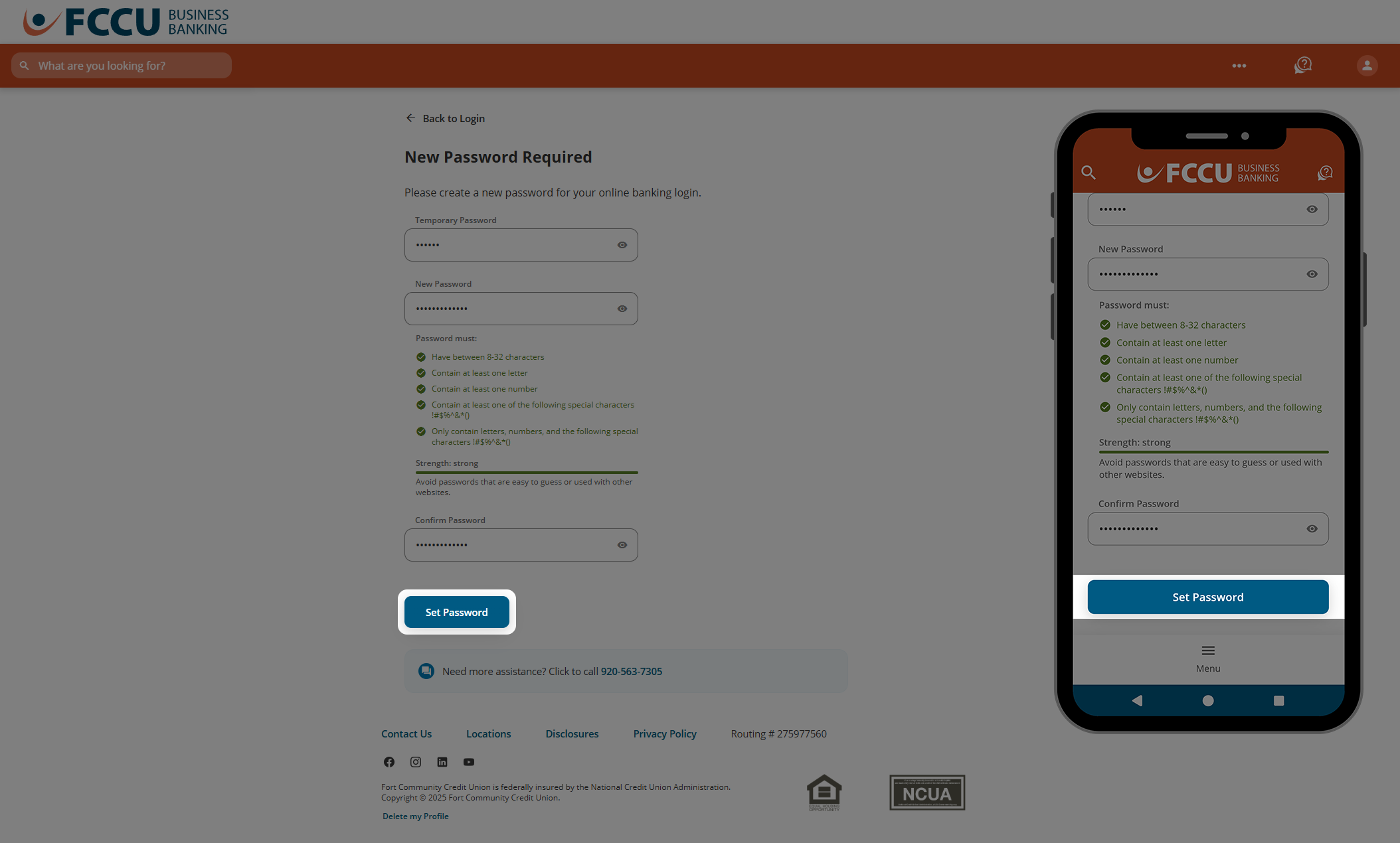 Screenshot of digital banking 'New Password Required' page.