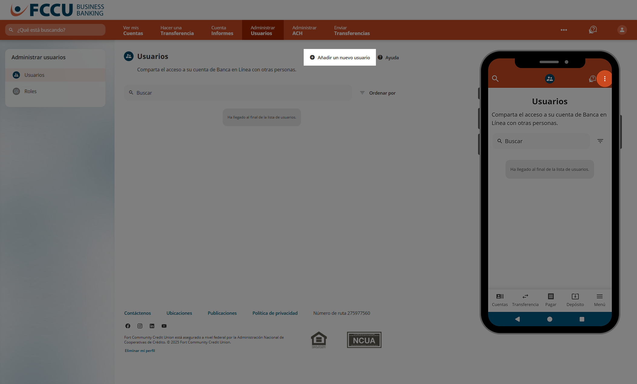 Captura de pantalla de la página 'Usuarios' de la banca digital.