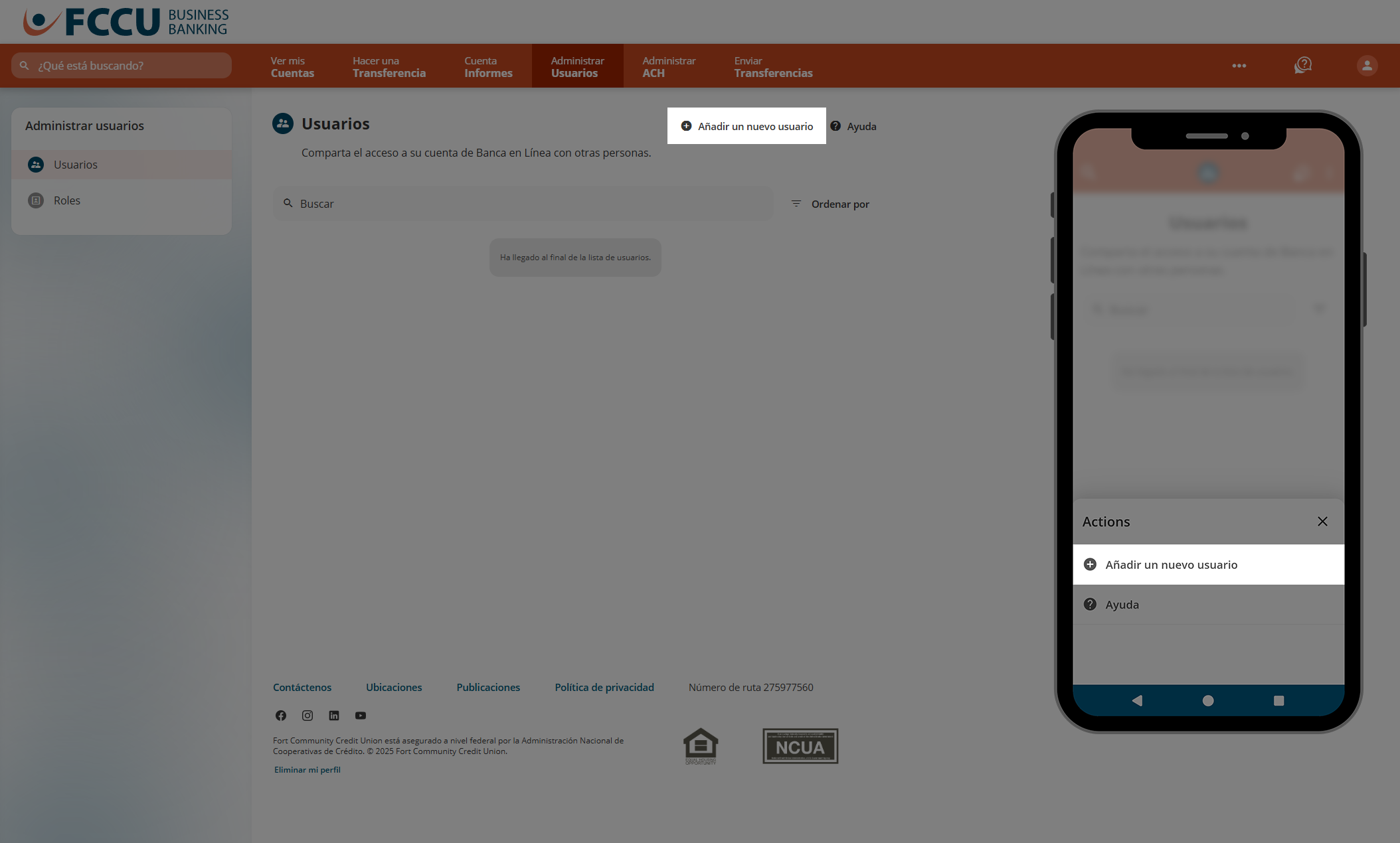 Captura de pantalla de la página 'Usuarios' de la banca digital.