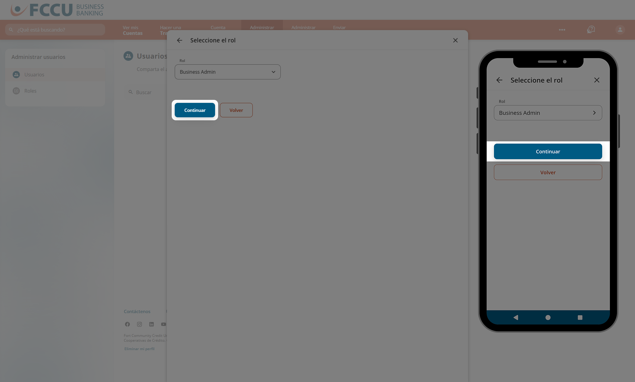 Captura de pantalla de la página 'Seleccionar rol' de banca digital.