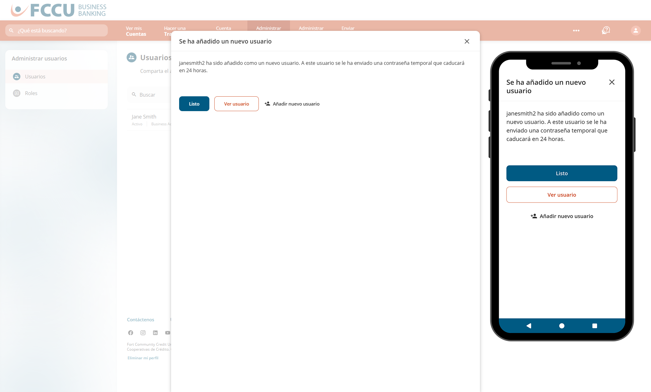 Captura de pantalla de la página 'Nuevo usuario agregado' de banca digital.