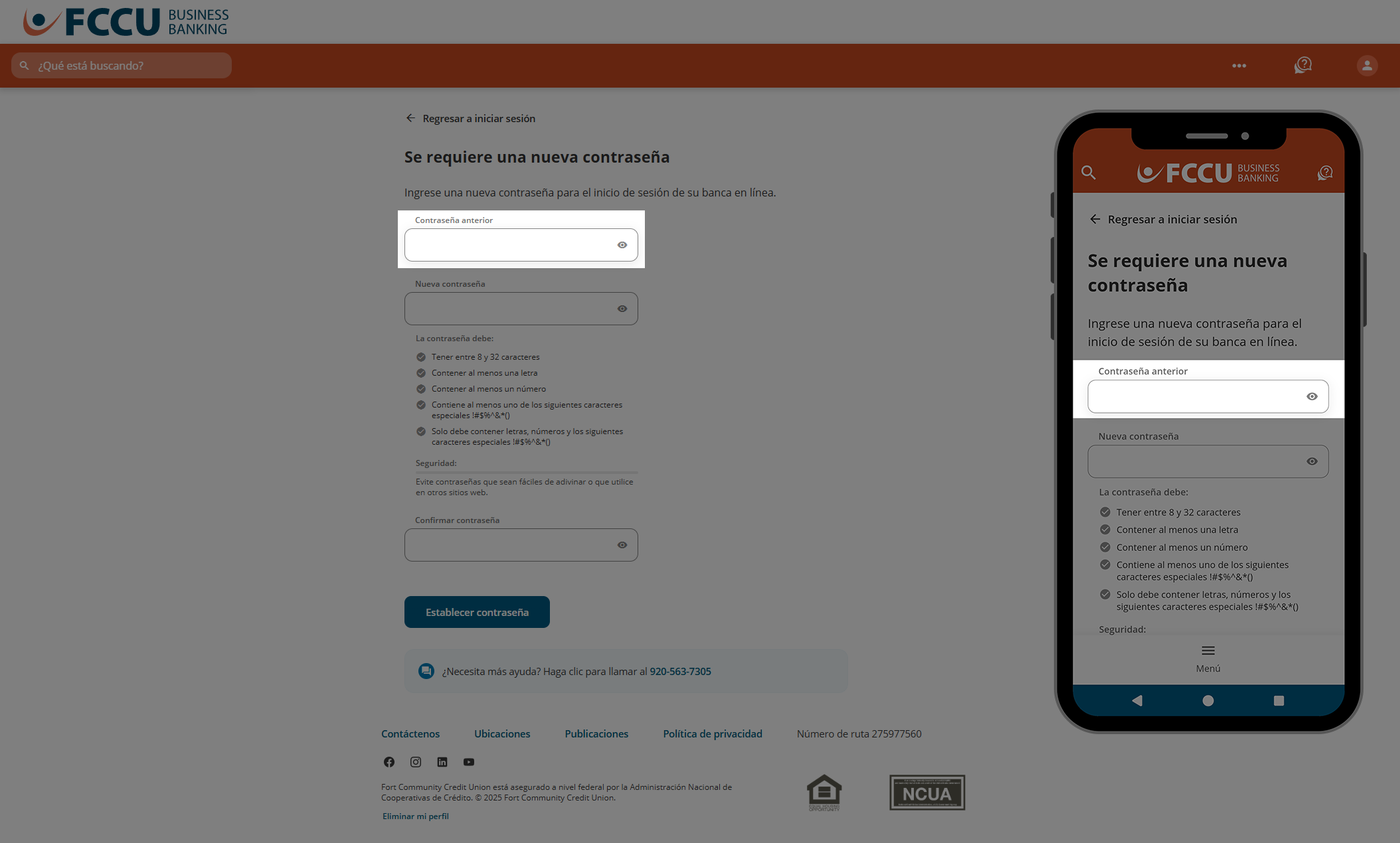 Captura de pantalla de la página 'Se requiere nueva contraseña' de banca digital.