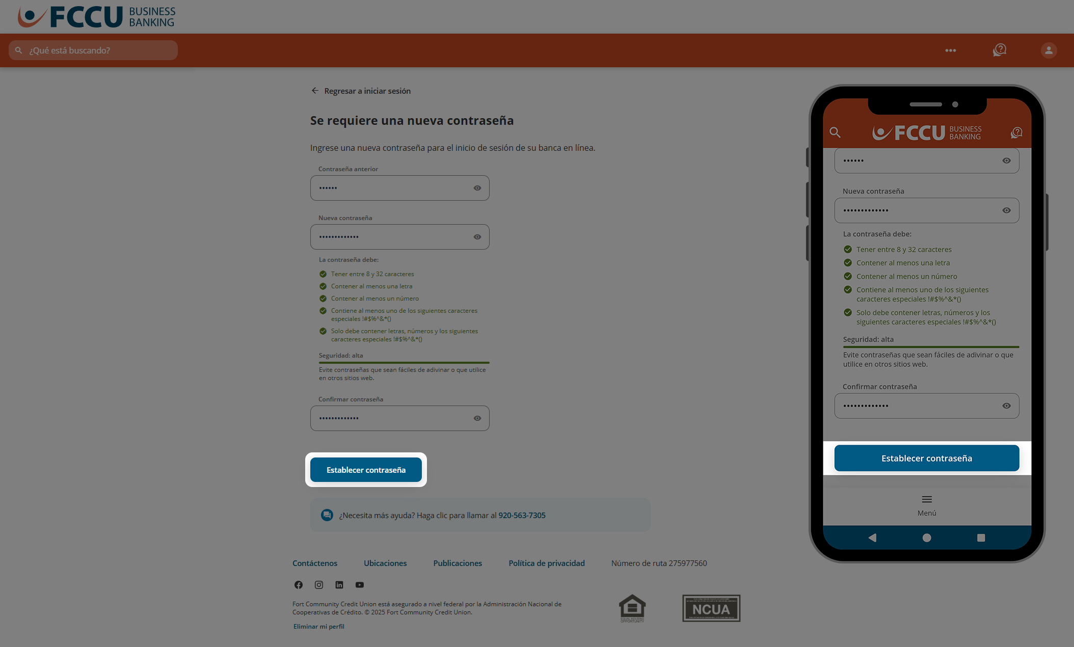 Captura de pantalla de la página 'Se requiere nueva contraseña' de banca digital.