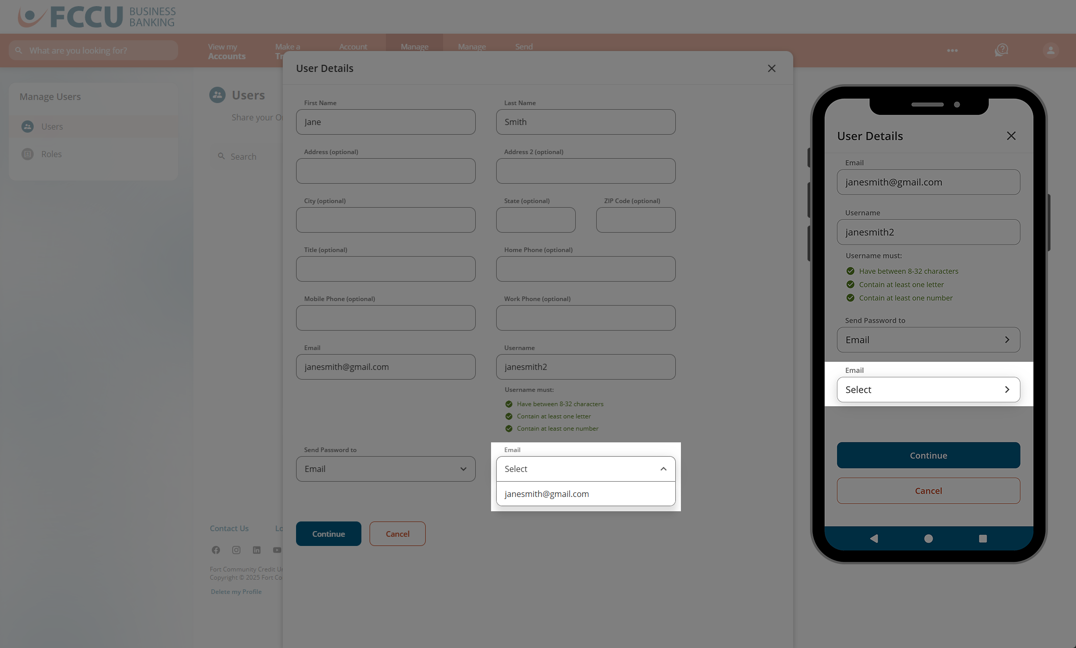 Screenshot of digital banking 'User Details' page.