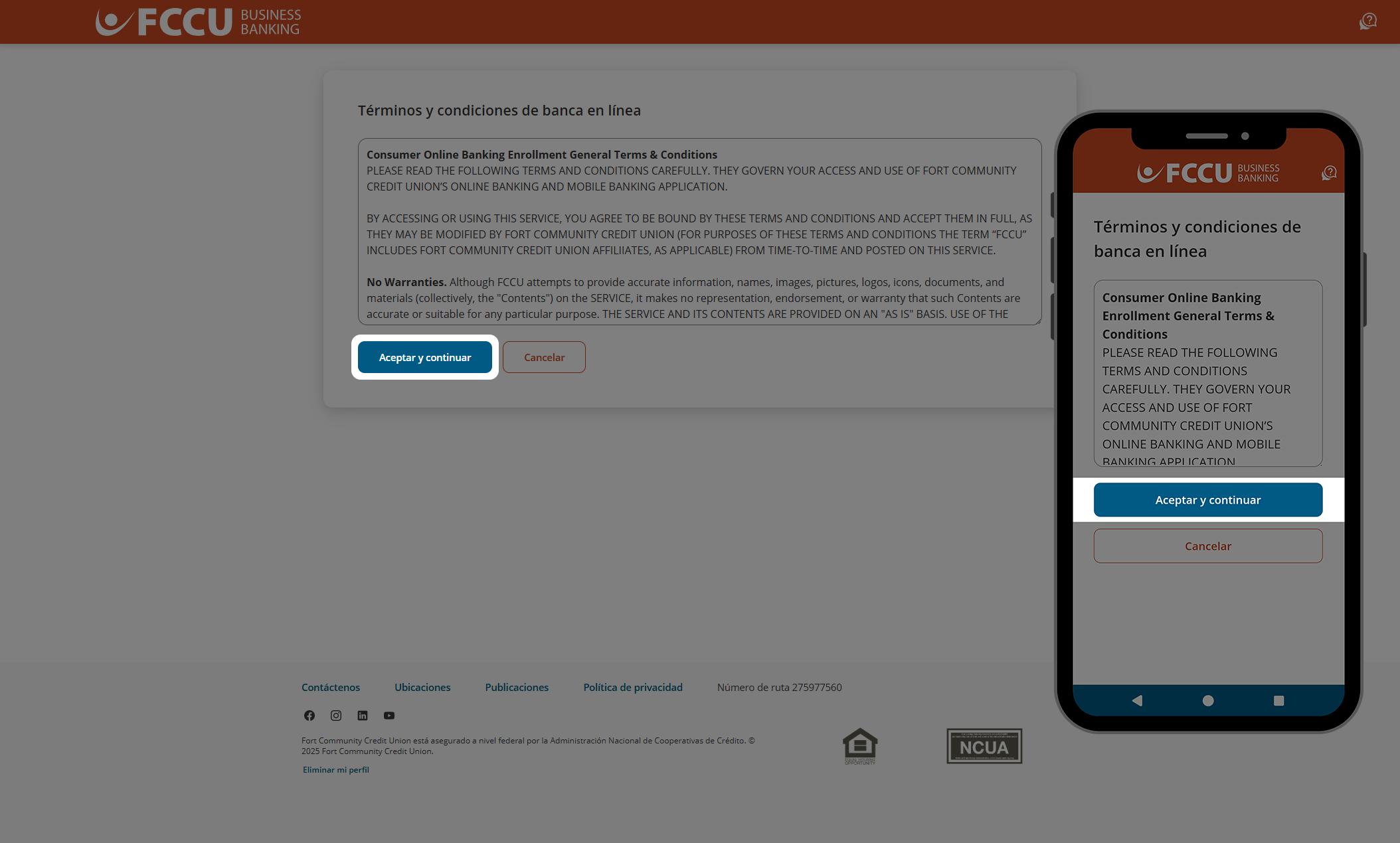 Captura de pantalla de la página 'Términos y condiciones de la banca en línea' de banca digital.