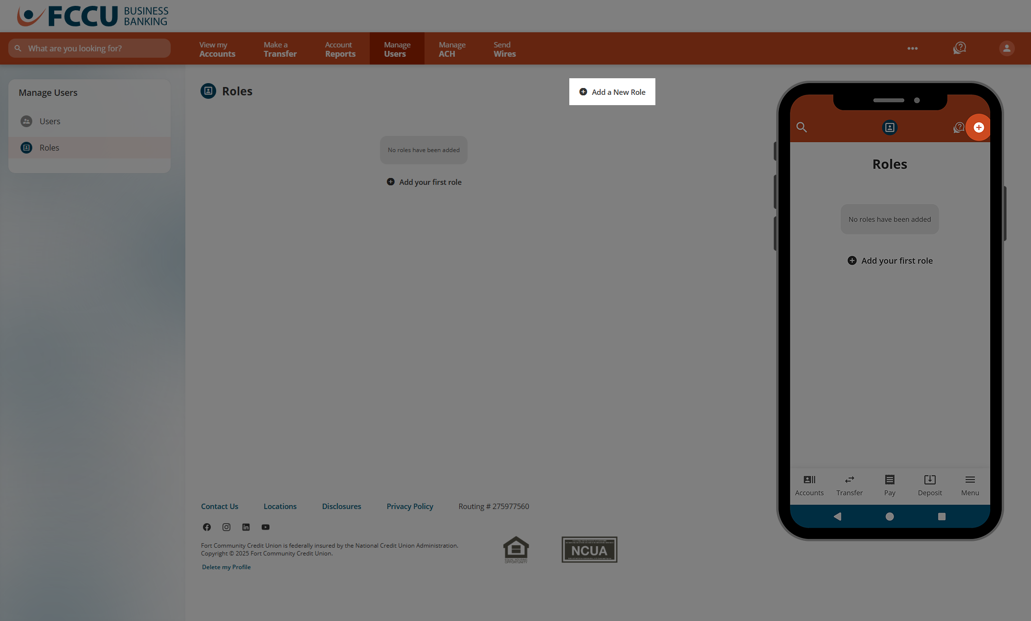 Screenshot of digital banking 'Roles' page.