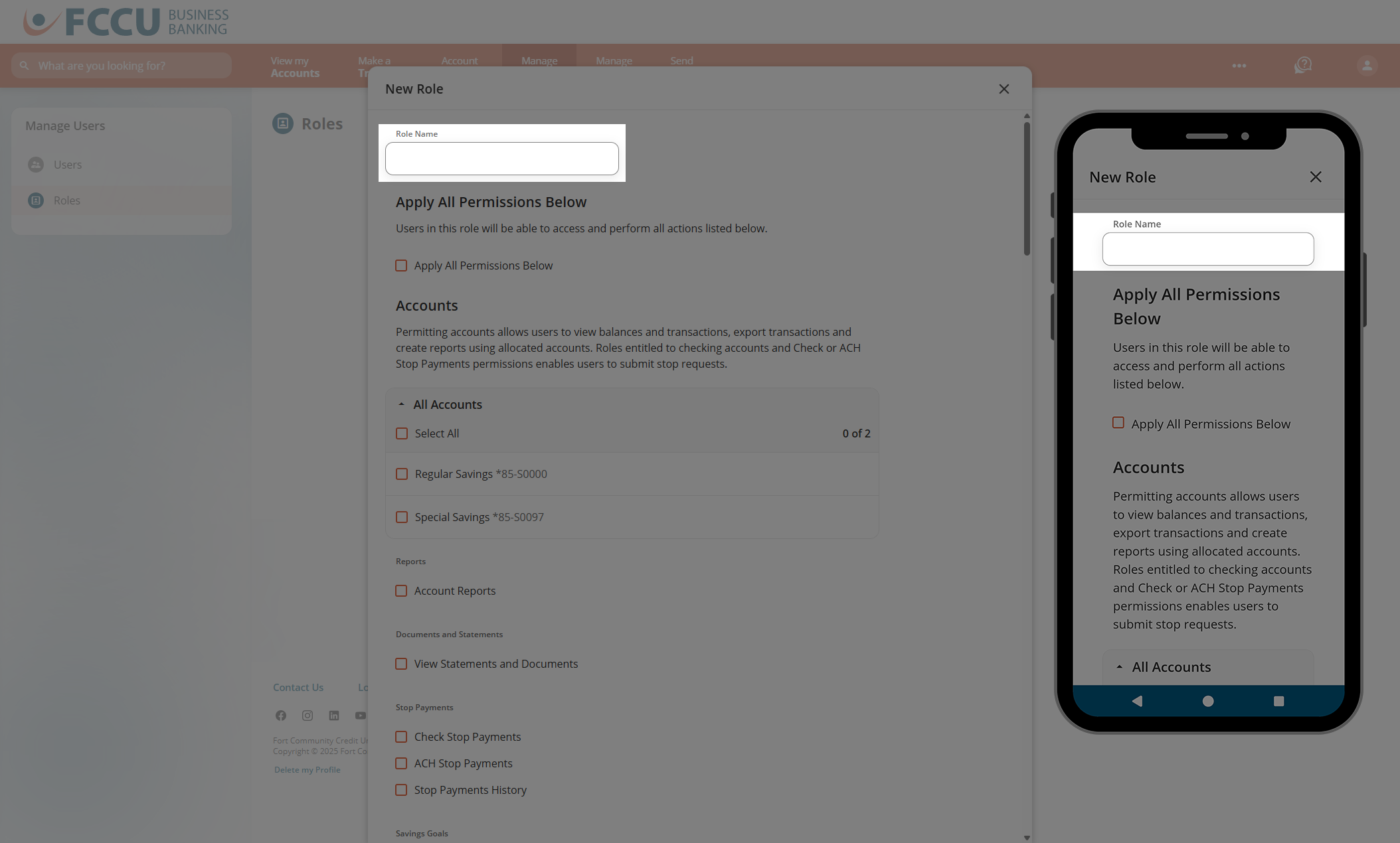Screenshot of digital banking 'New Role' page.