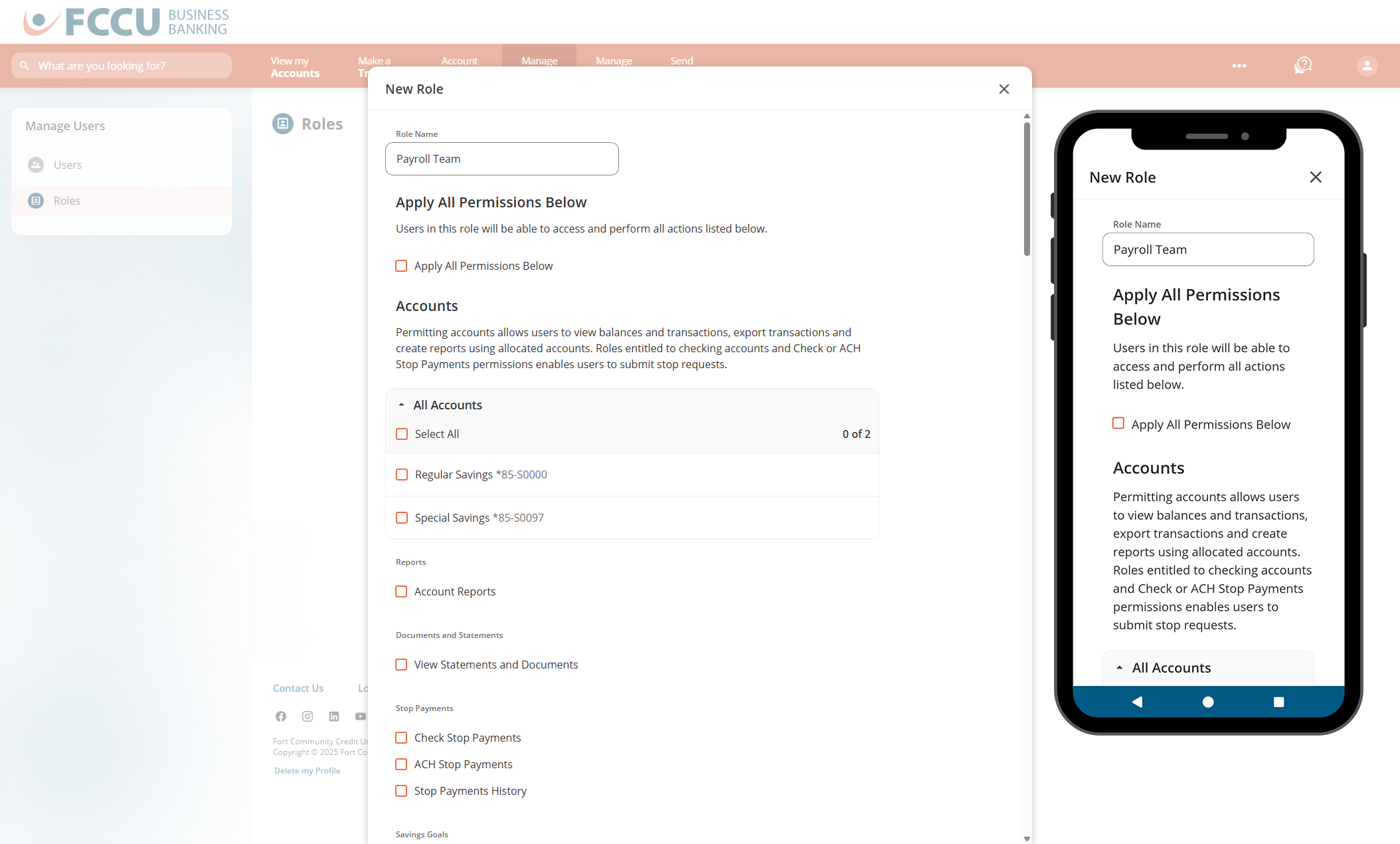 Screenshot of digital banking 'New Role' page.
