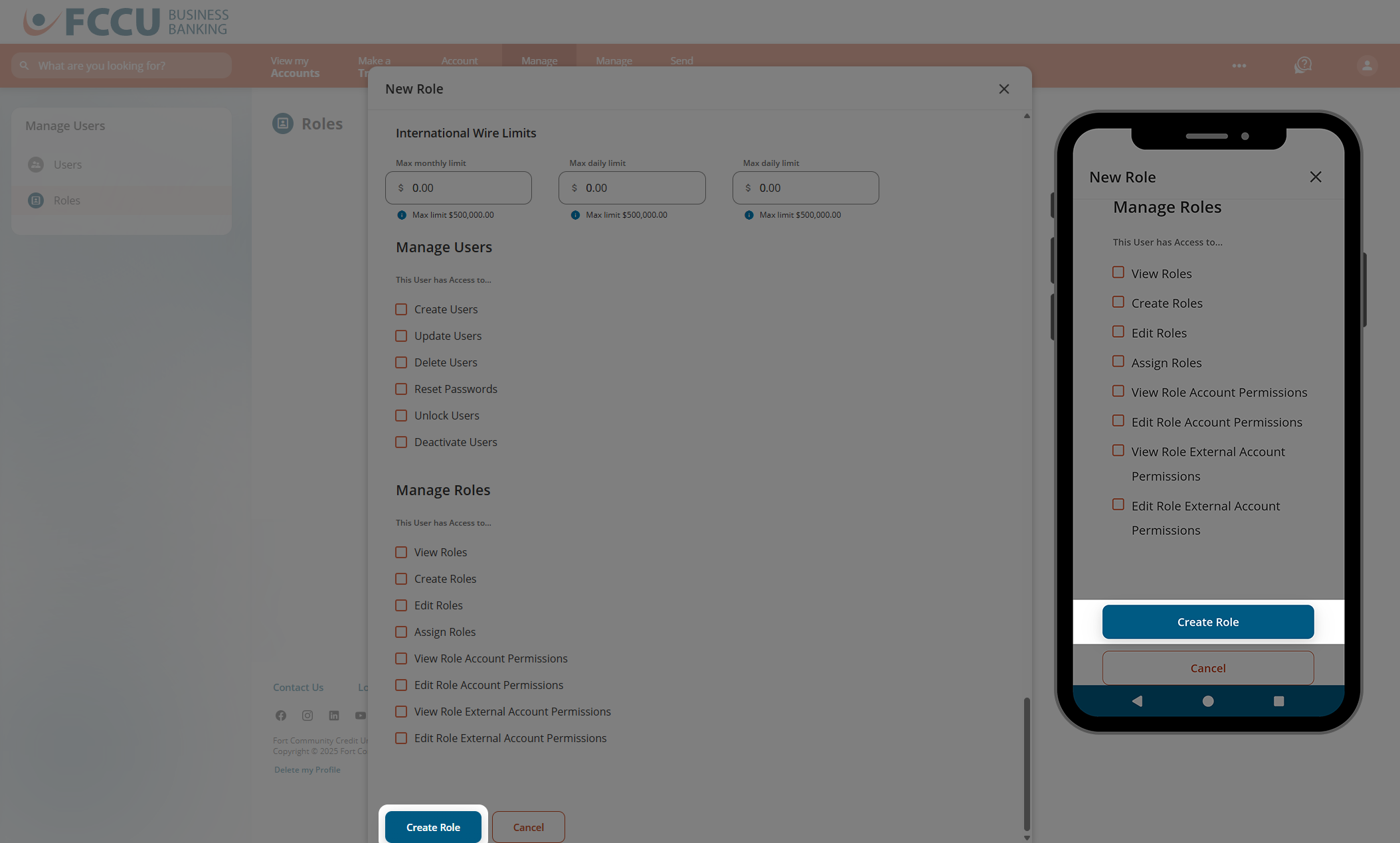 Screenshot of digital banking 'New Role' page.