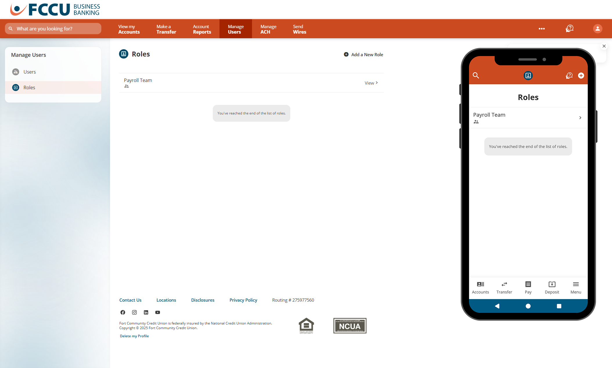 Screenshot of digital banking 'Roles' page.