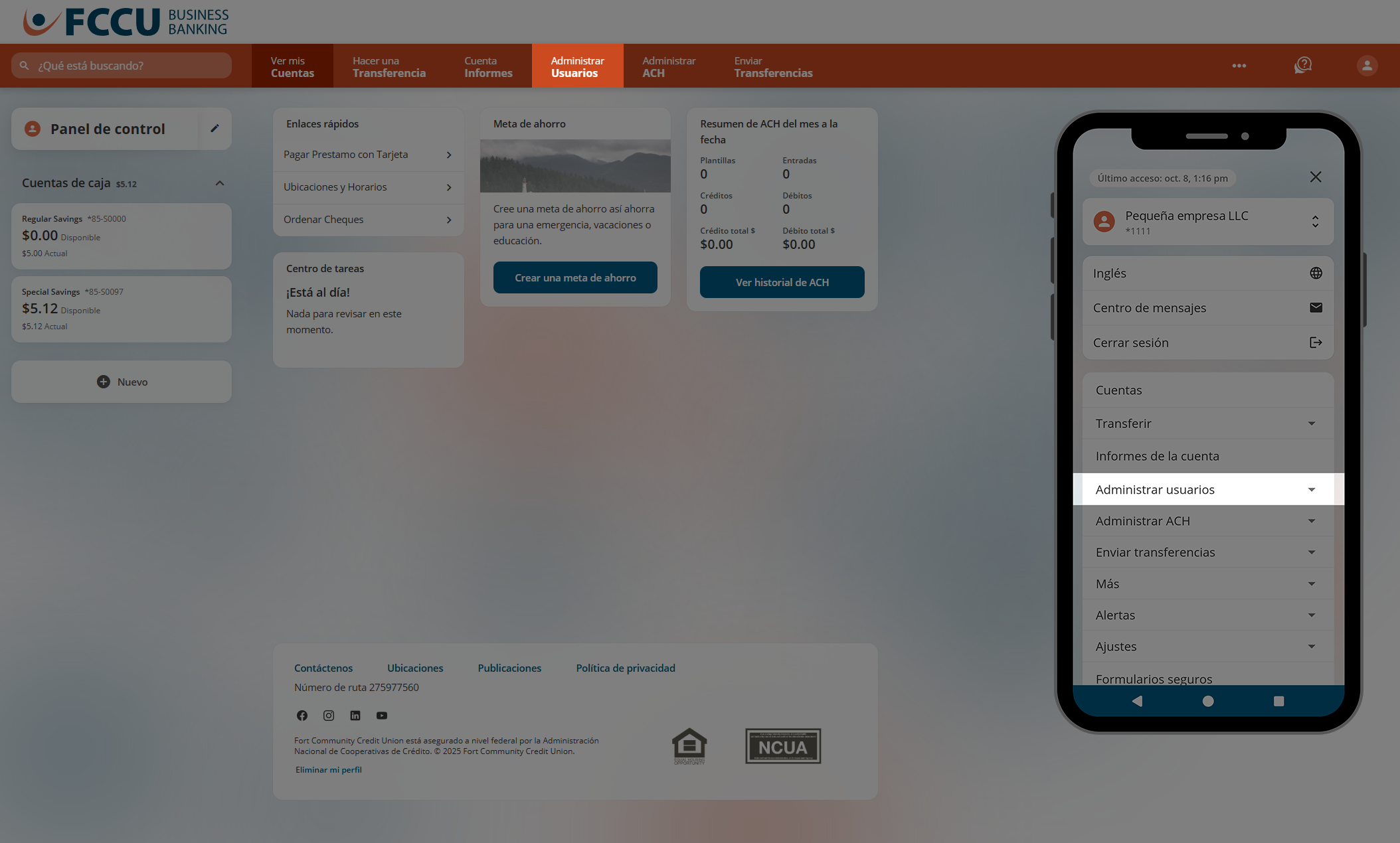 Captura de pantalla del panel de control de la cuenta bancaria digital.