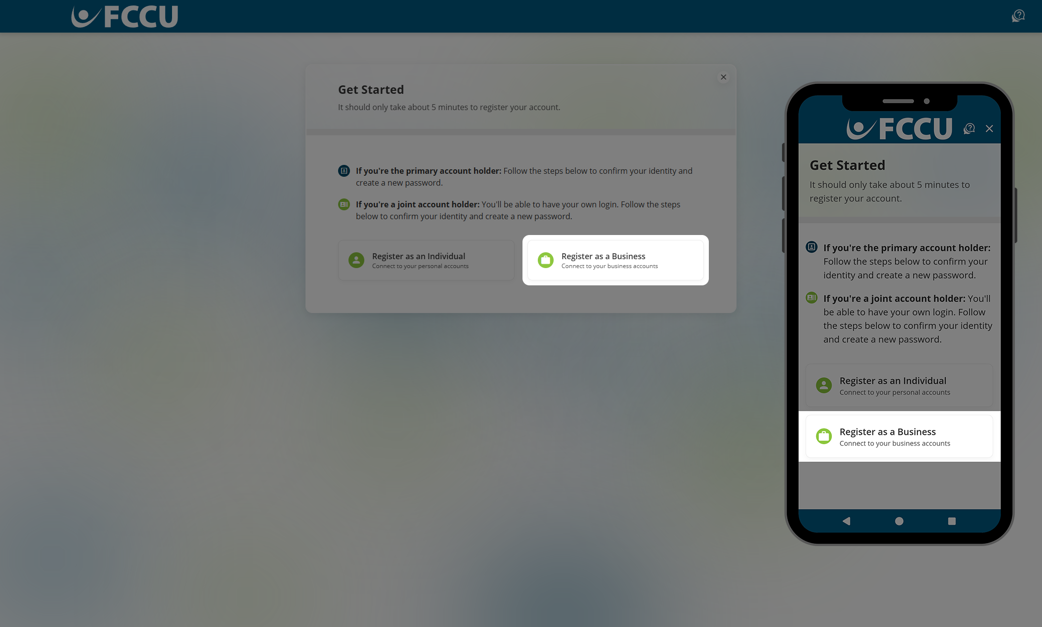 Screenshot of digital banking 'Get Started' page.