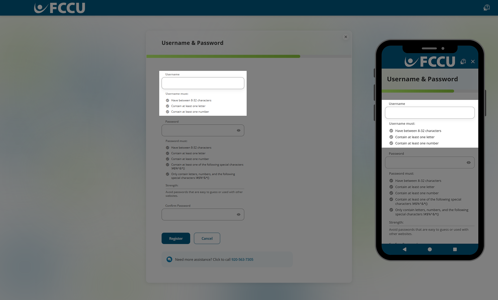 Screenshot of digital banking 'Username & Password' page.
