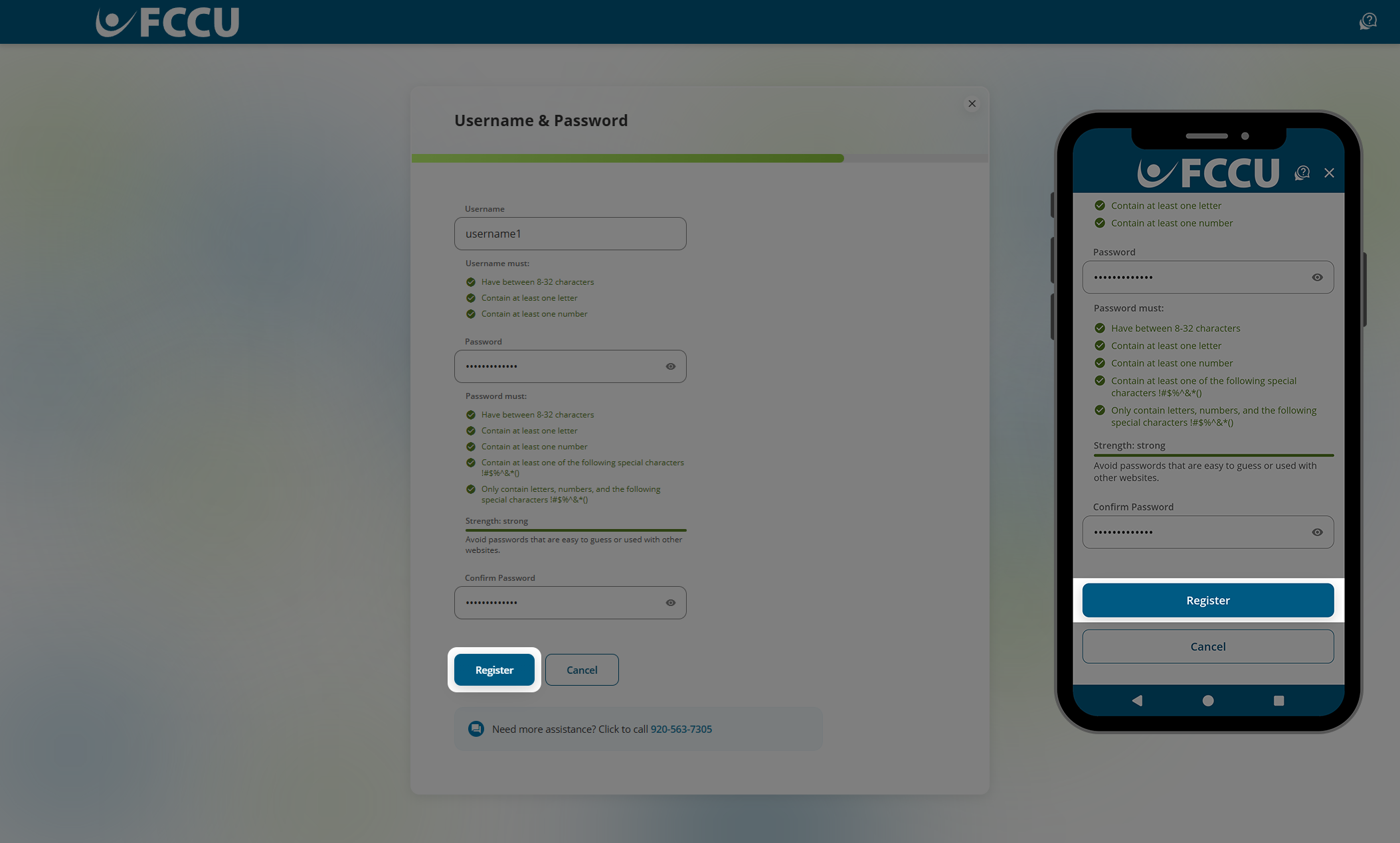 Screenshot of digital banking 'Username & Password' page.