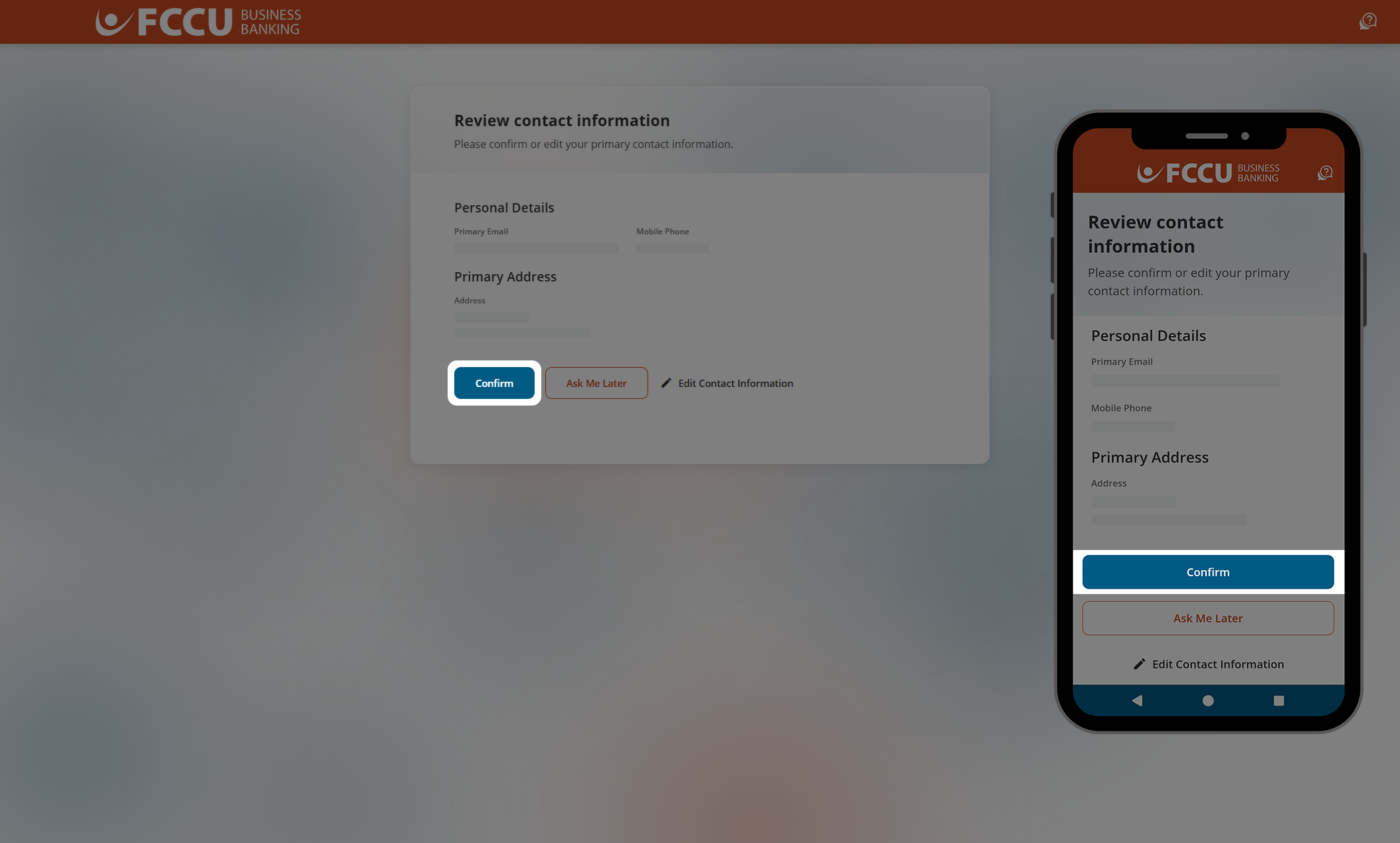 Screenshot of digital banking 'Review contact information' page.