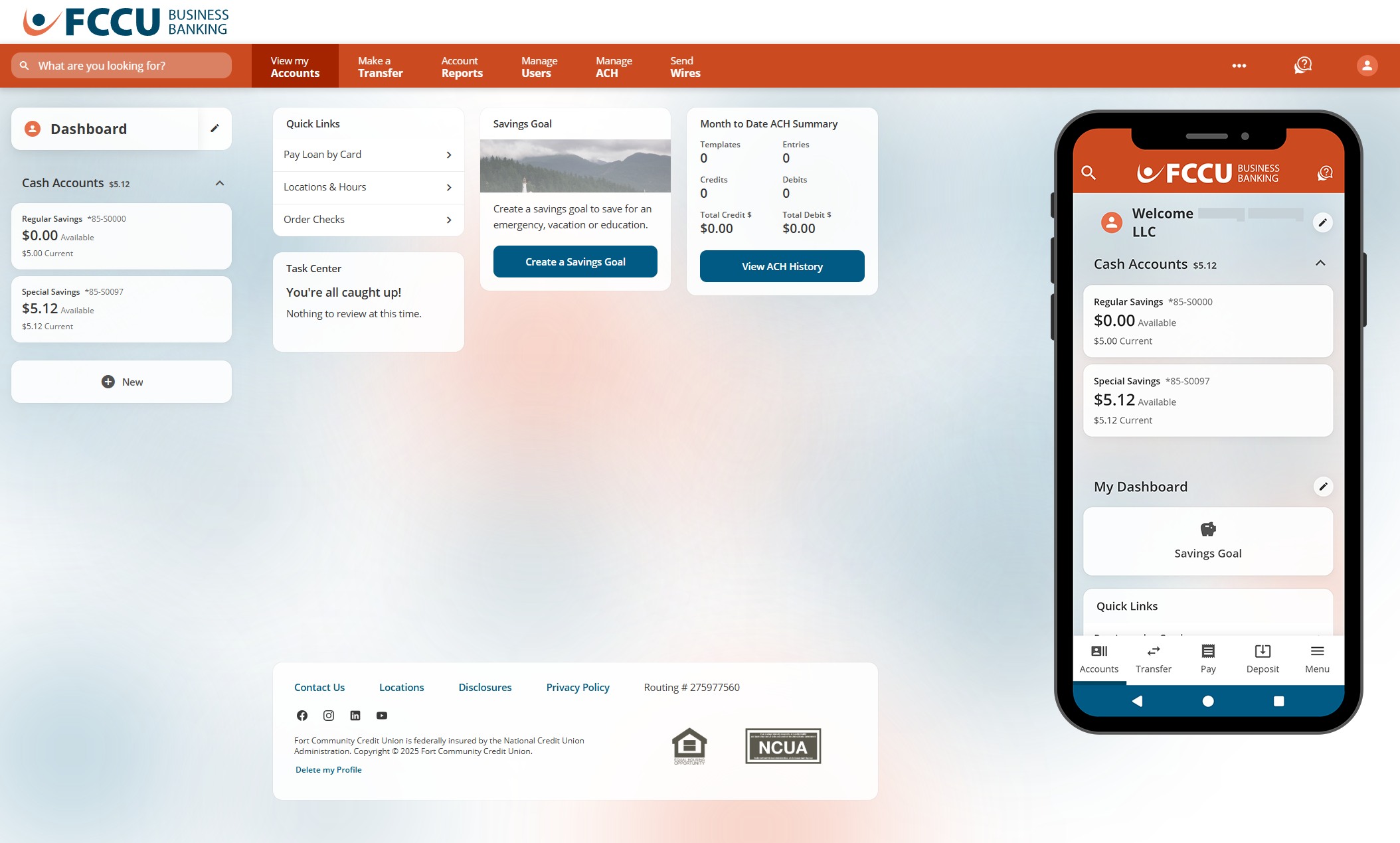 Screenshot of digital banking business account dashboard.