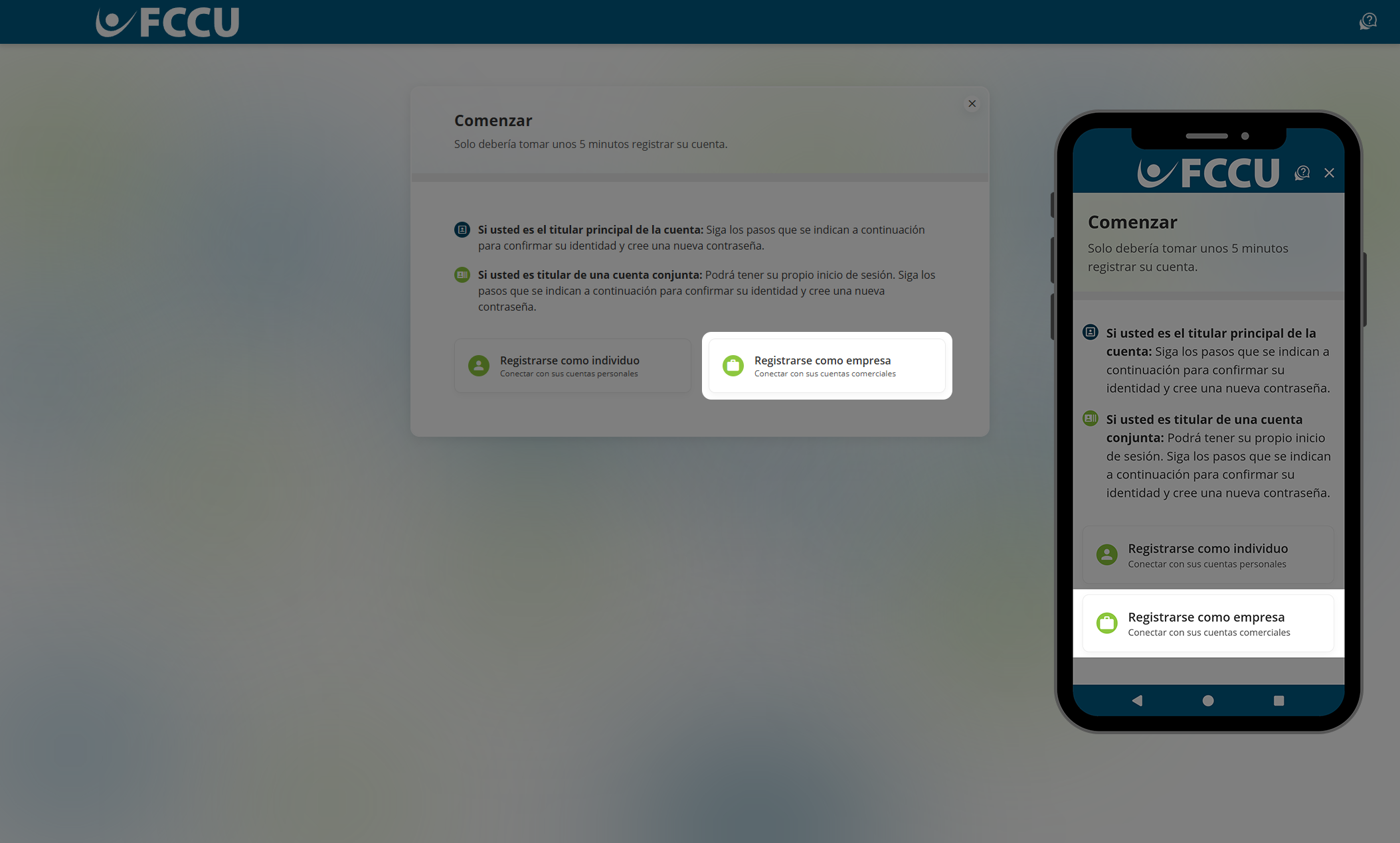 Captura de pantalla de la página 'Comenzar' de banca digital.