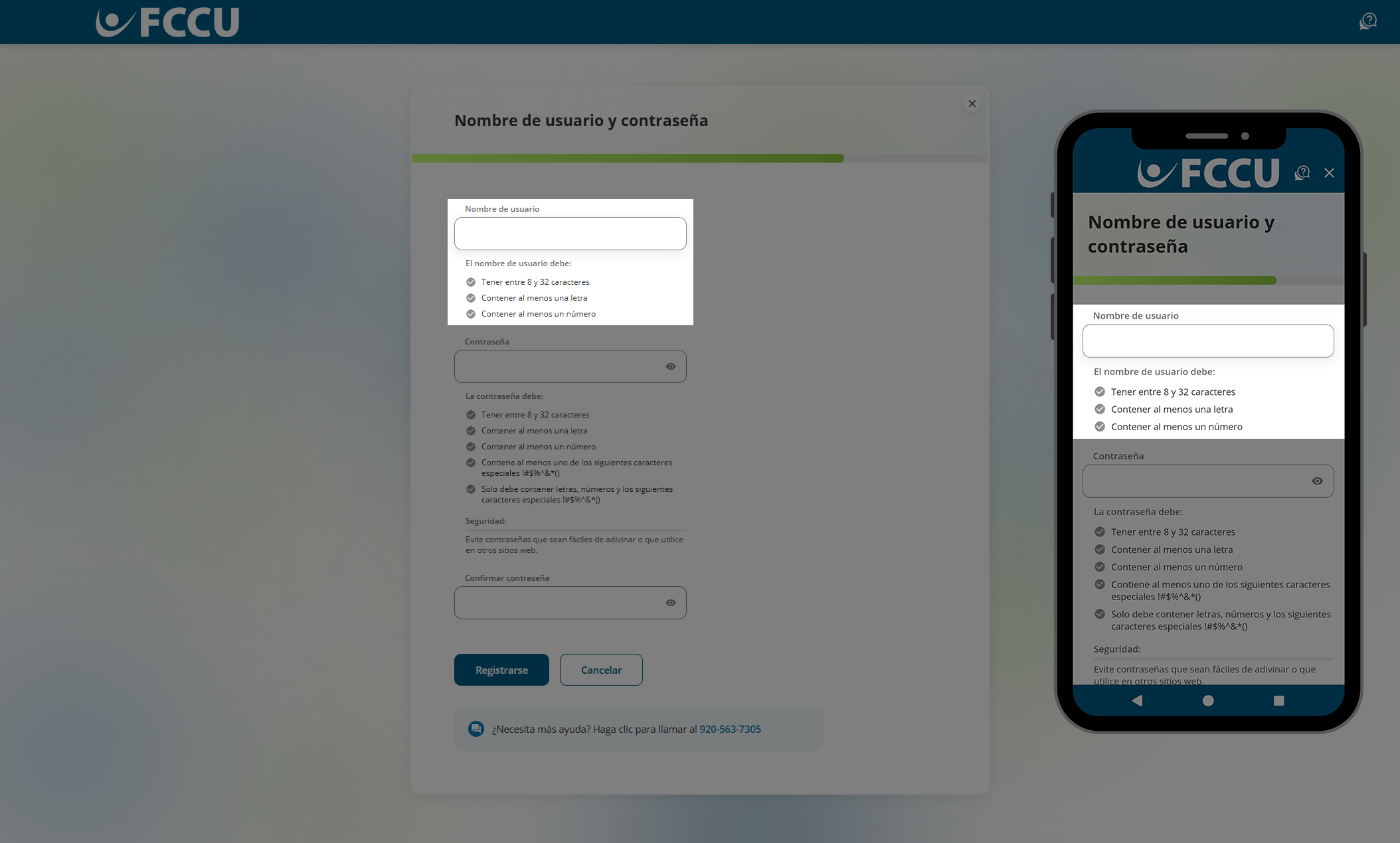 Captura de pantalla de la página 'Nombre de usuario y contraseña' de la banca digital.