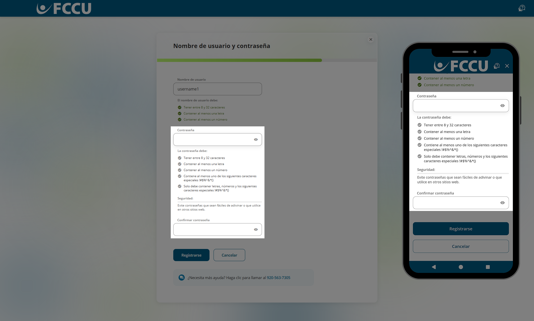 Captura de pantalla de la página 'Nombre de usuario y contraseña' de la banca digital.