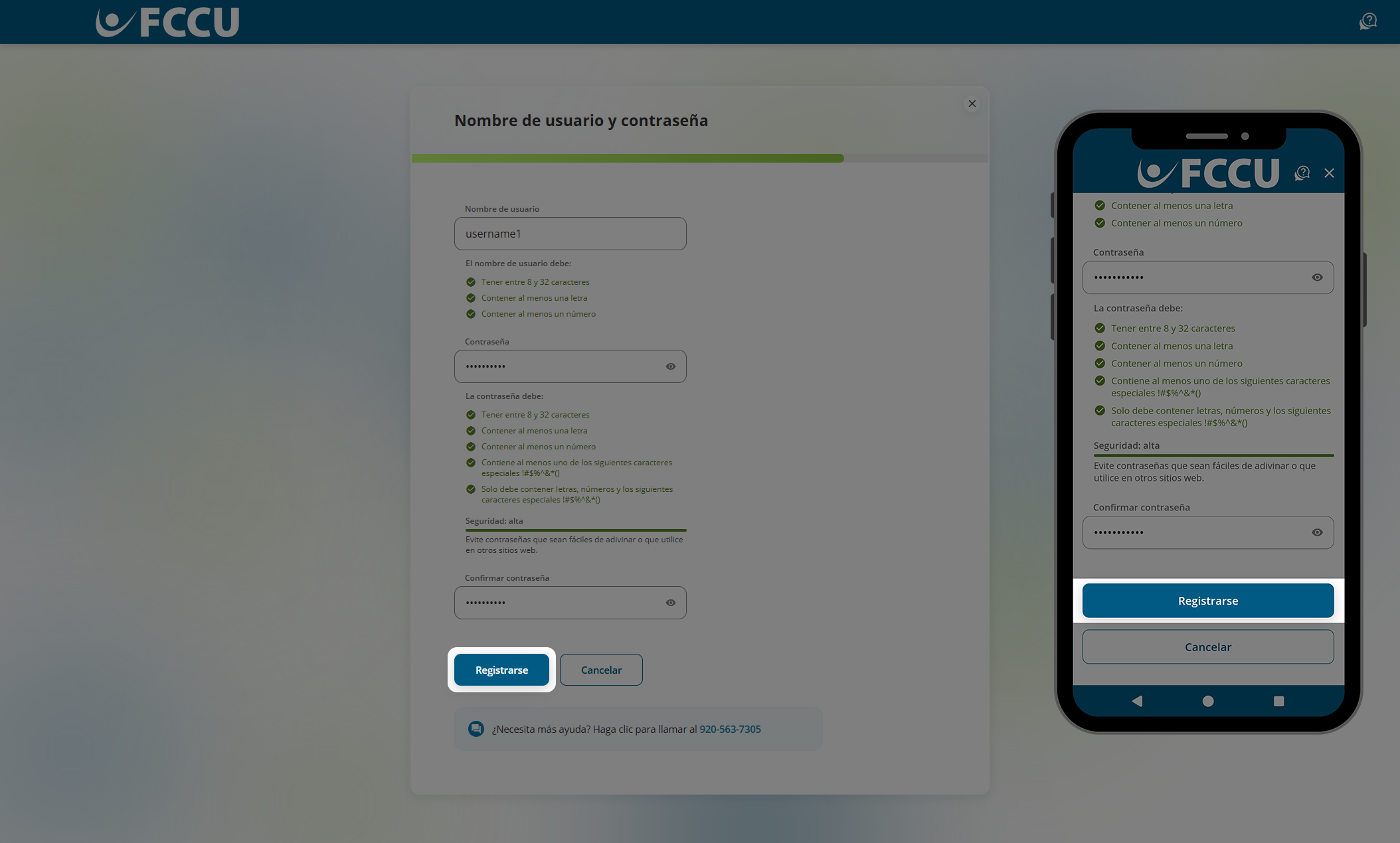 Captura de pantalla de la página 'Nombre de usuario y contraseña' de la banca digital.