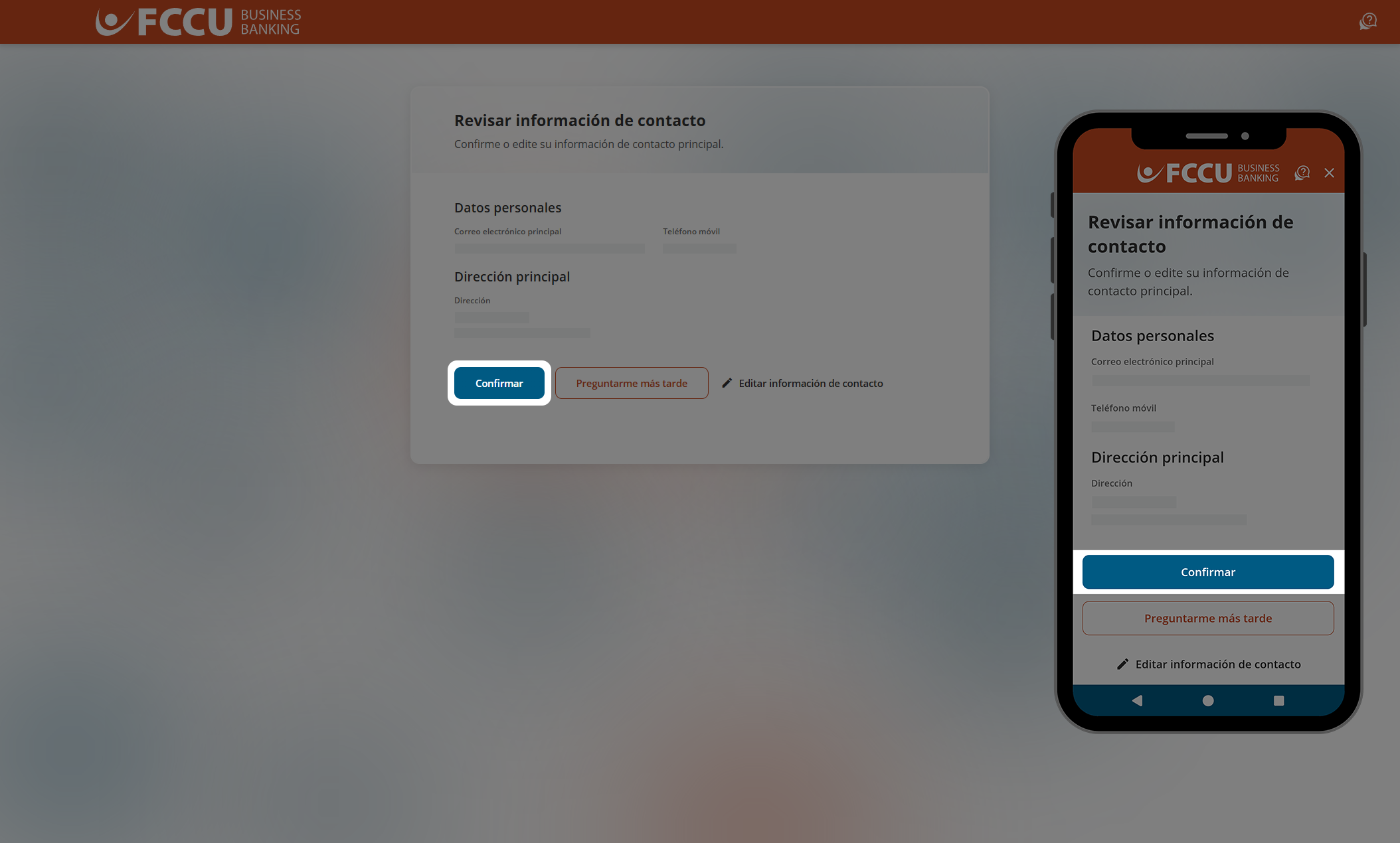 Captura de pantalla de la página 'Revisar información de contacto' de la banca digital.