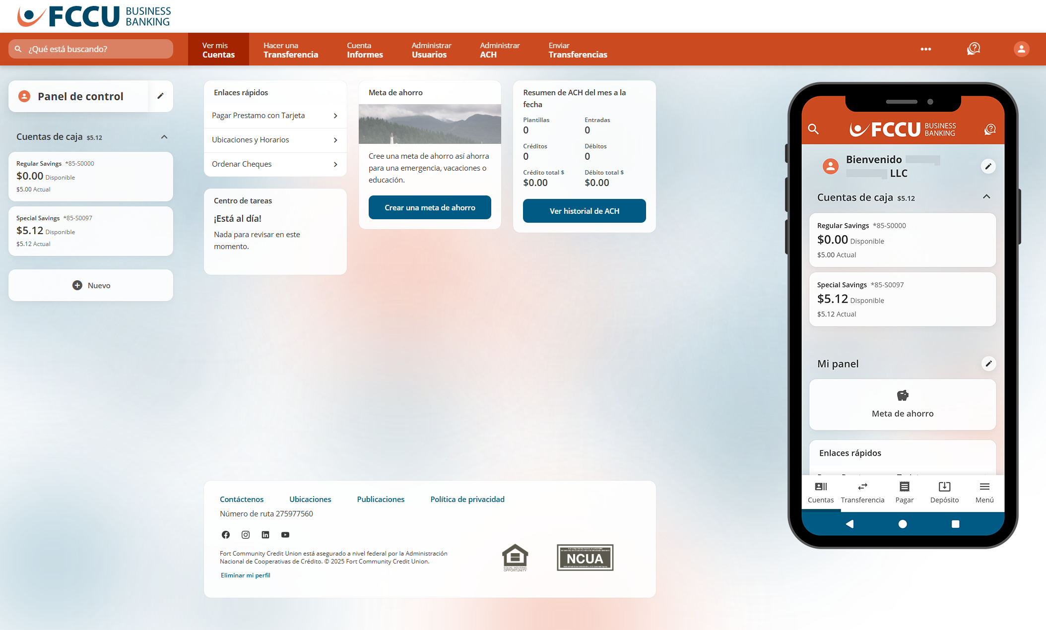 Captura de pantalla del panel de control de banca digital.
