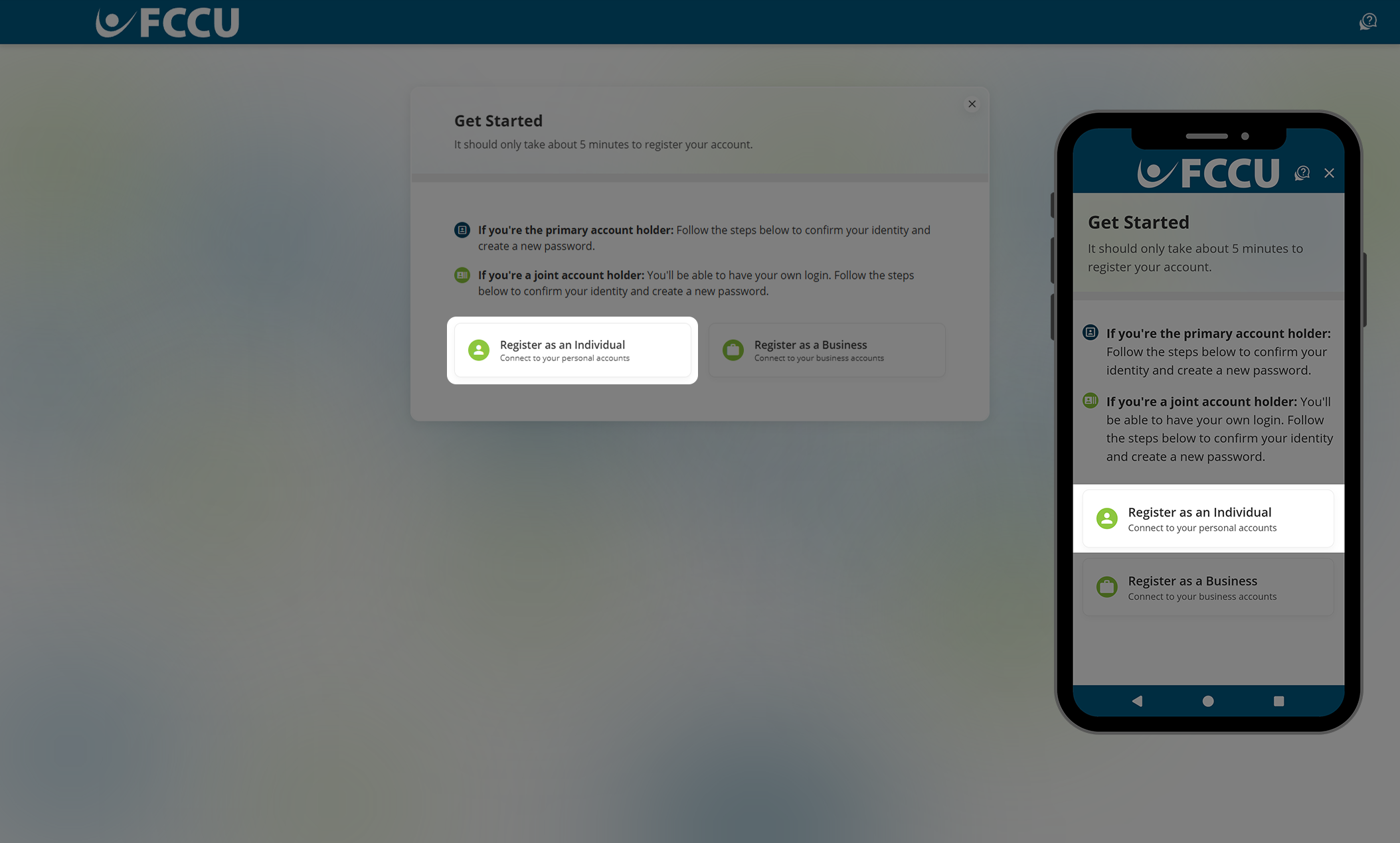 Screenshot of digital banking 'Get Started' page.